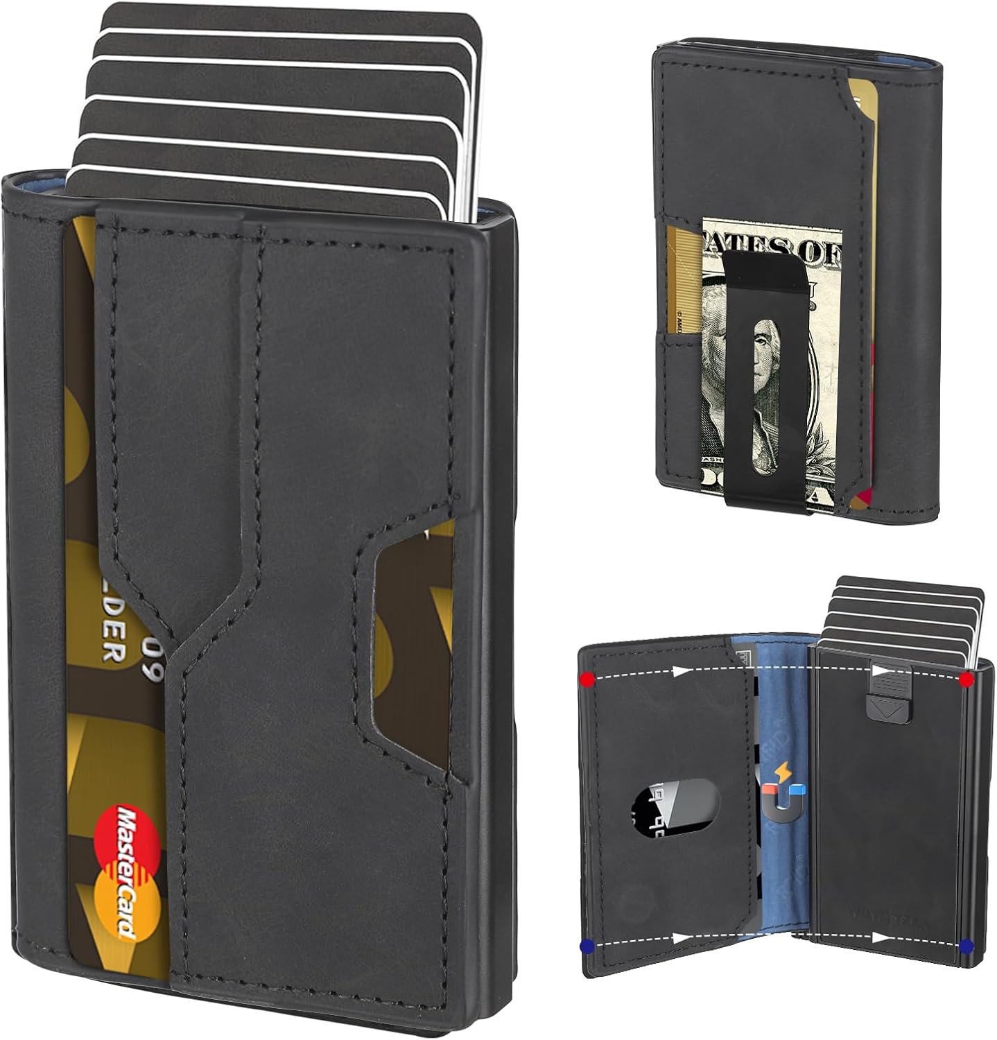 Mens slim Wallet，with RFID Shielding, Holds 9 Cards Easily, metal wallet， card wallet for Men, Minimalist Wallet For Men, Made of aluminum and Pu Synthetic Leather, Includes Cash clip (Black) BST202