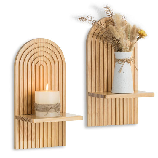 Boho Wall Candle Holder Decor: Mid Century Candle Sconces Set of 2 for Plants Pillar Candles - White Wood Modern Minimalist Arch Candle Shelf Bohemian Art Decor Beside Fireplace TV BST220