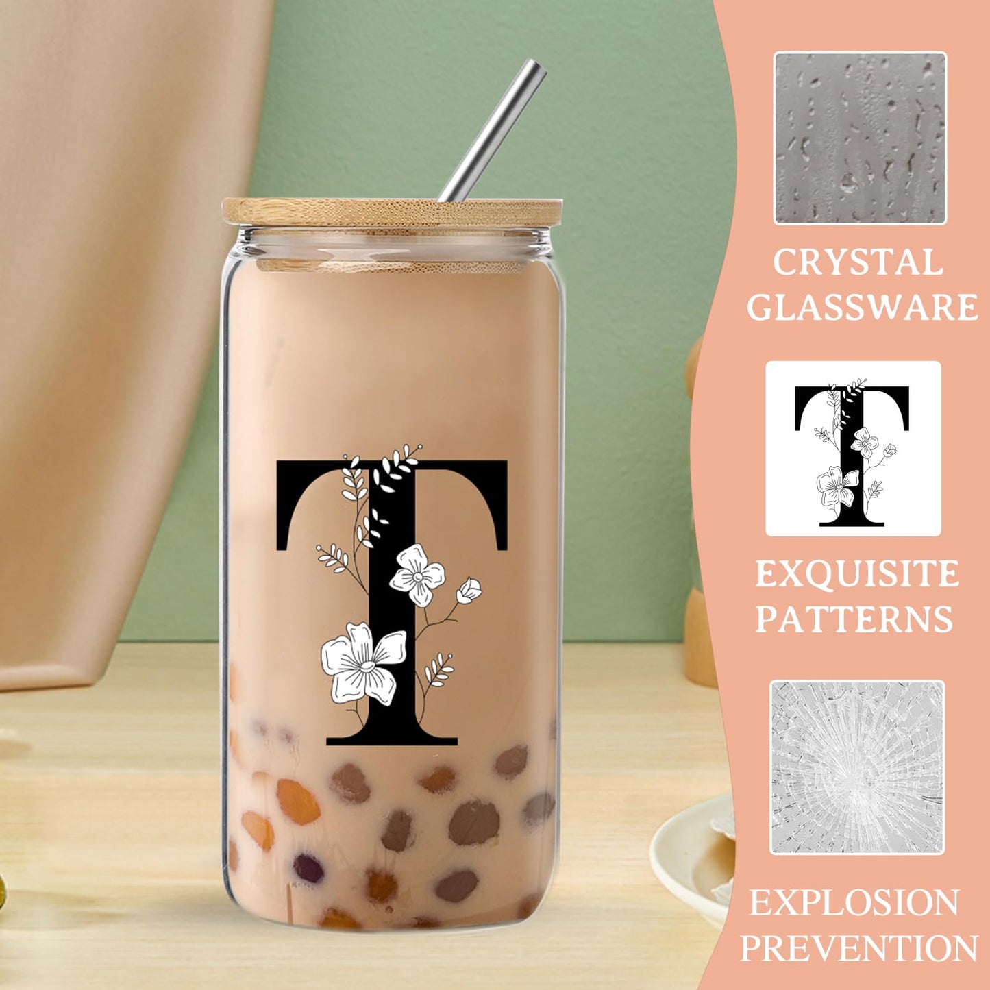 Monogrammed Initial Glass Cup with Lids and Straws gift for Women | Personalized Gift Set with Doll, 16 Oz Ice Coffee Cup ,reusable glass tumbler,Birthday Christmas Gift for Her,U WN420