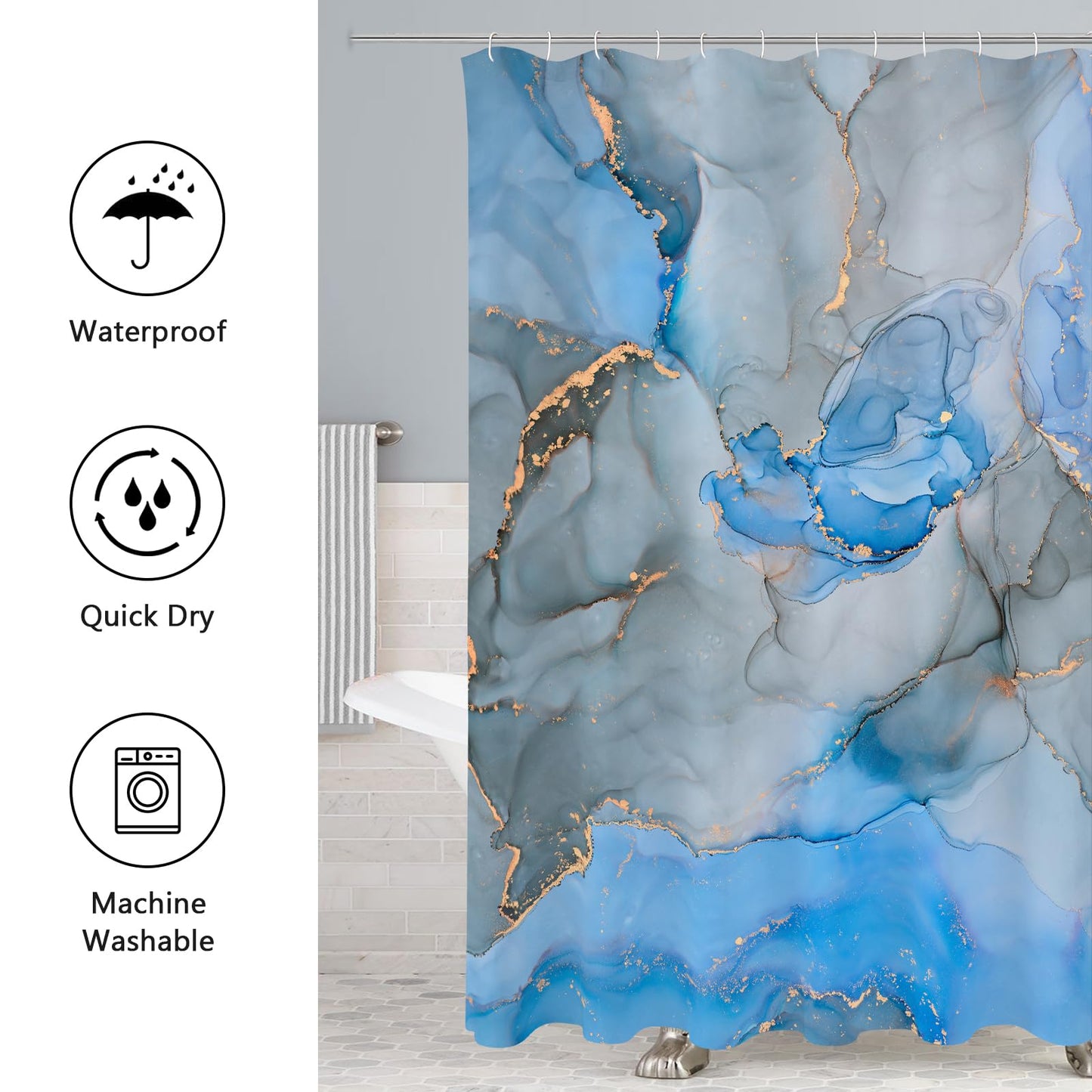 Gibelle 4 Pcs Bathroom Shower Curtain Set with Non-Slip Rugs, Toilet Lid Cover and Bath Mat, Grey Blue Marble Bathroom Decor Set with Shower Curtain and Rugs and Accessories BST326H