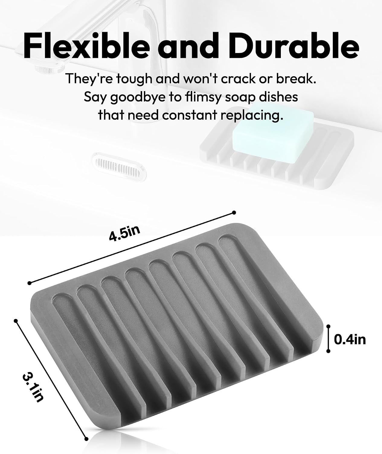 Self Draining Soap Dish for Shower, Silicone Soap Dish for Kitchen Sink, Bathroom Sink (2, Light Gray, S(3.1"×4.5")) BST220
