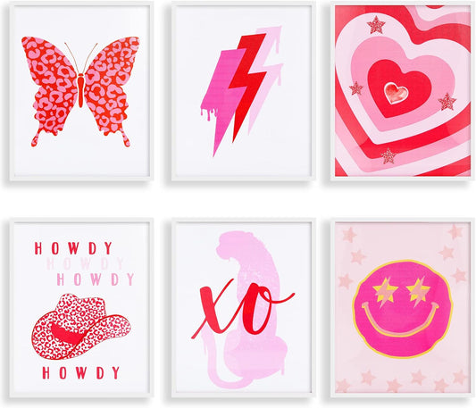 6 PCS Pink Preppy Room Decor Aesthetic Unframed Wall Art Trendy Small Wall Prints Cheetah Butterfly Preppy Posters Cute Collage Pictures for Teen Girl Bedroom Room Dorm, 8 x 10 Inch WN420