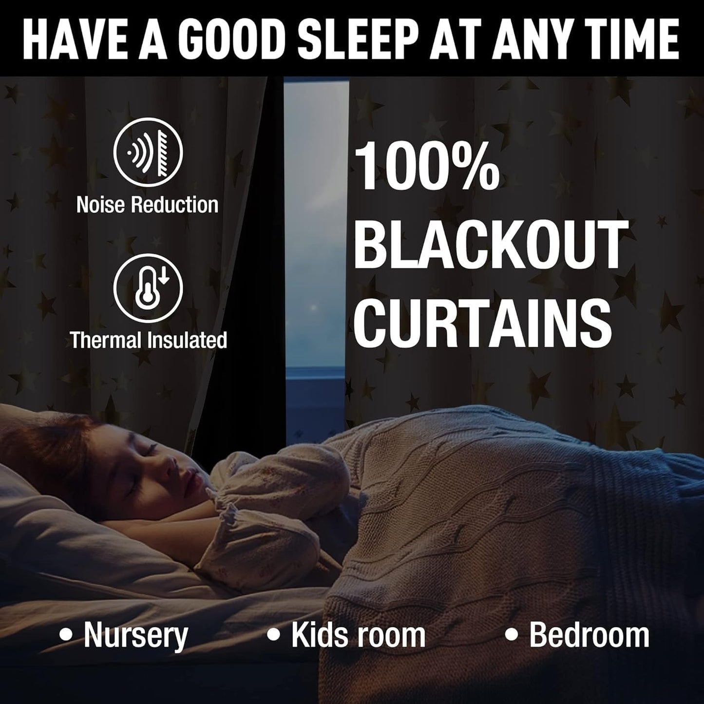 Treatmentex Gold Star Black Full Blackout Curtains for Boys Bedroom, Metallic Window Panels for Baby Nursery Room Grommet Top 2 pcs(Black Gold, 50x63in) BST202