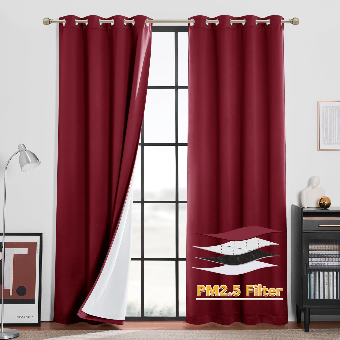 RYB HOME 4-in-1 Dust Filtering Soundproof Blackout Insulating Privacy Window Curtains for Nursery Bedroom Living Room Rivider Sound Absorption Sheet, Black, W52 x L90 inch, 2 Panels BST220