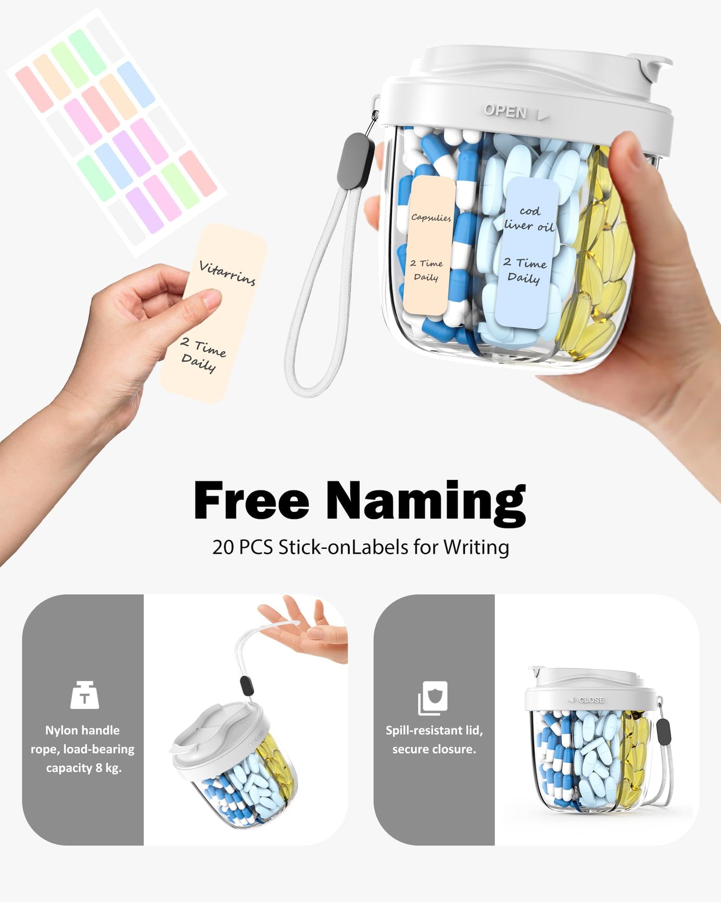 Cute Pill Organizer,Pill Dispenser with 7 Large Compartments,Portable Pill Bottle Box with Wide Opening for Easy Use, Anti-Mix Pills Organizer for Travel,Includes 20 Pcs Sticky Labels(Black) WN420