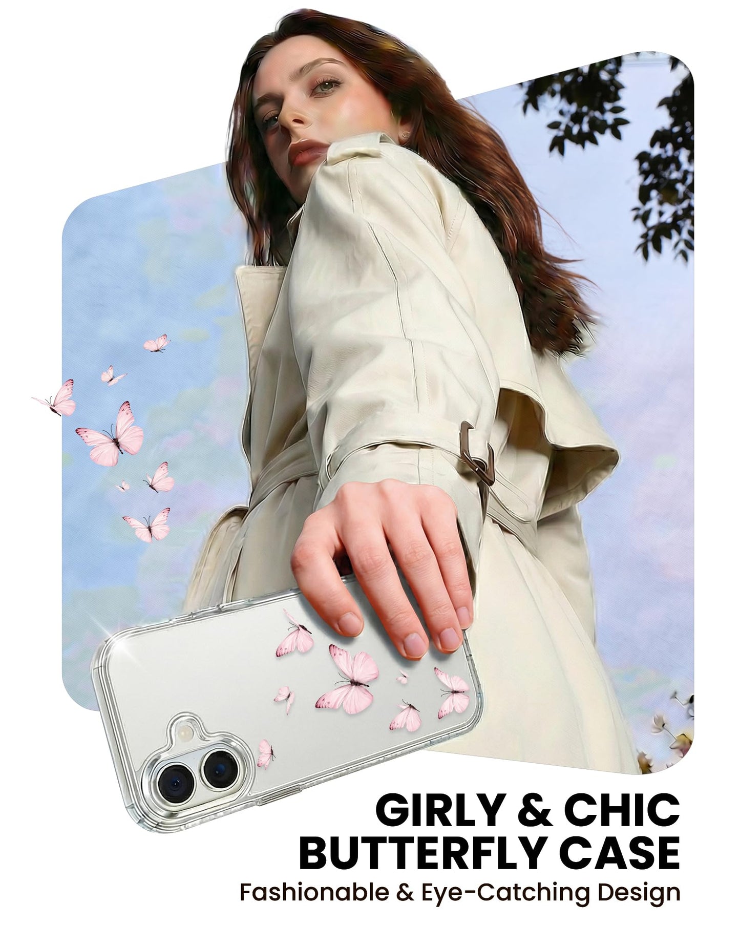 Cute Girly Crystal Clear Case Compatible with iPhone 16 Pro, Camera Control & Shockproof Protection Floral Case for Women, Blue Butterflies WN420