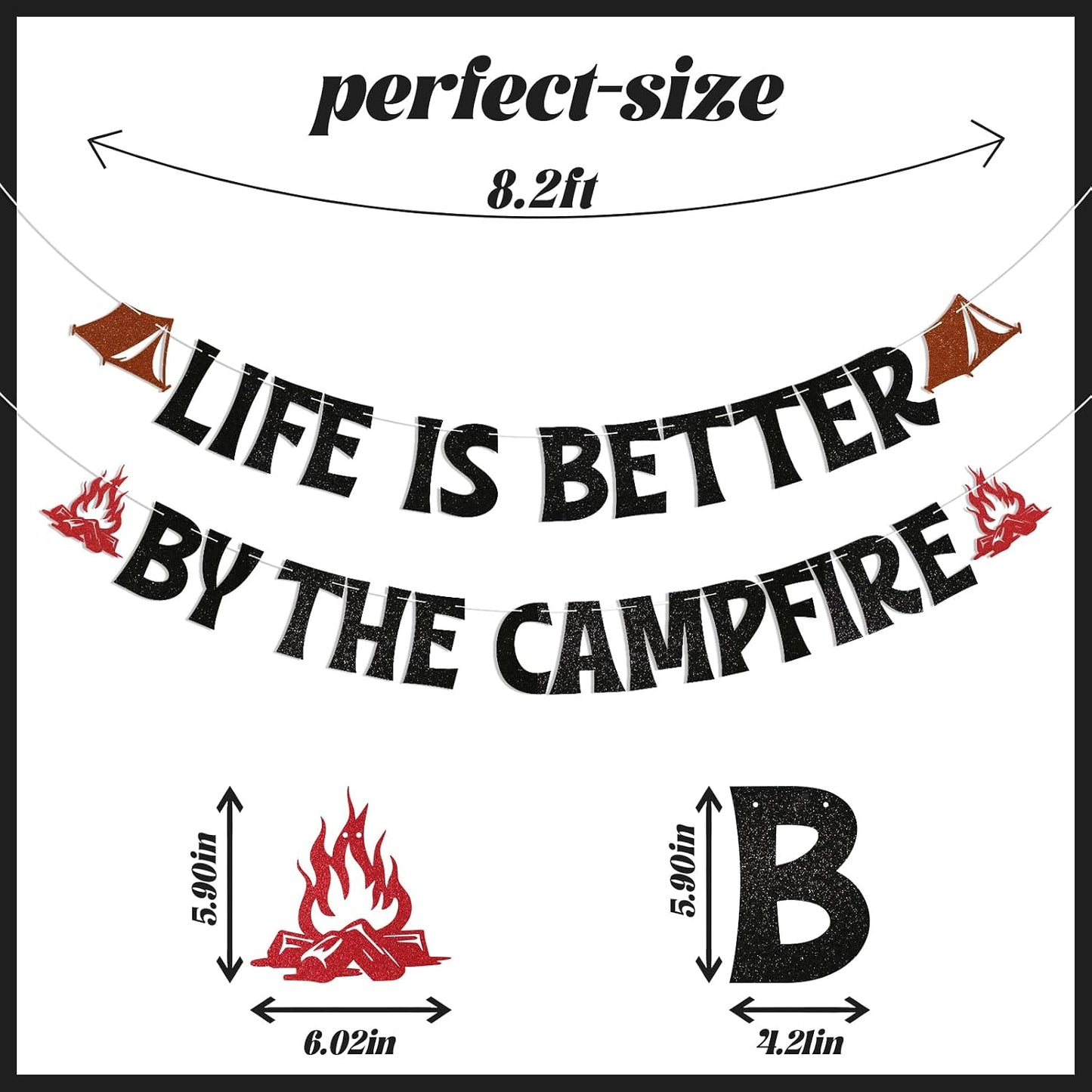 Life is Better By The Campfire Banner - Happy Camper Party Decor, Forest Adventure Decor, Camping Theme Birthday Party Decorations Black Glitter BST220