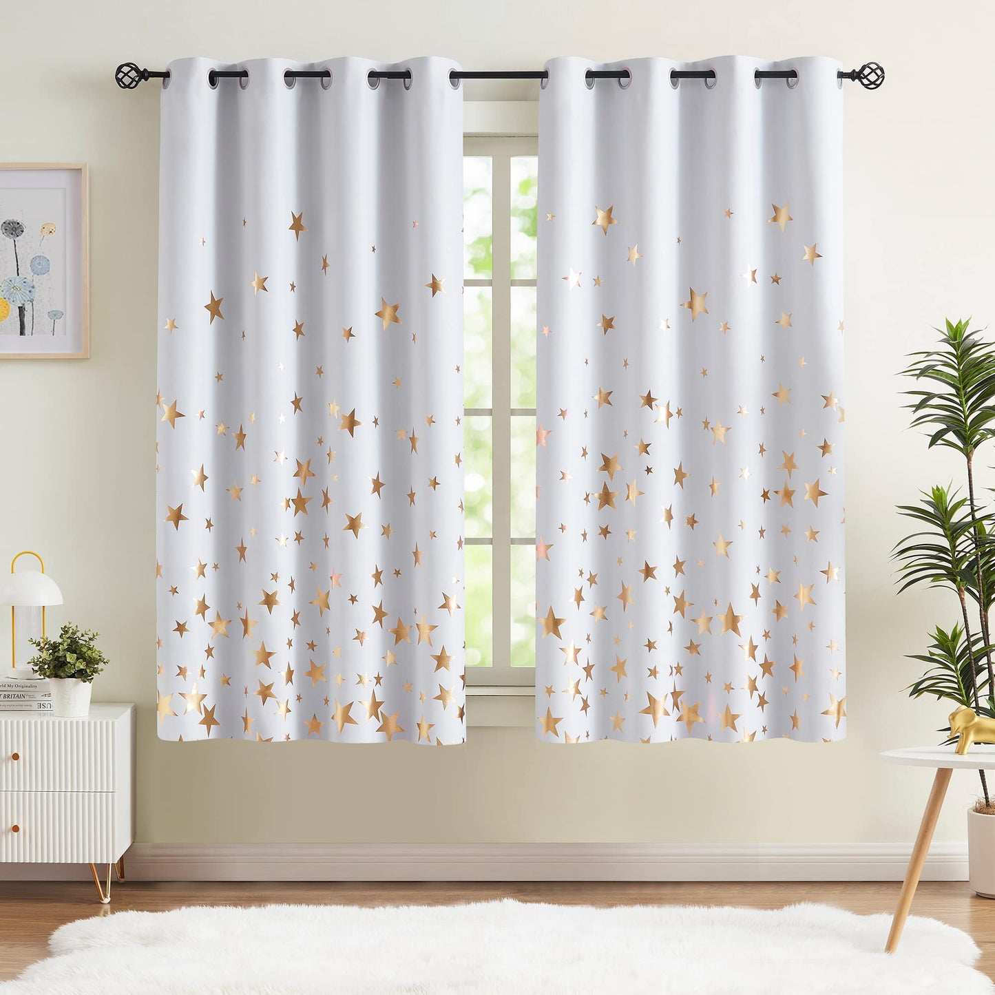 Treatmentex Gold Star Black Full Blackout Curtains for Boys Bedroom, Metallic Window Panels for Baby Nursery Room Grommet Top 2 pcs(Black Gold, 50x63in) BST202