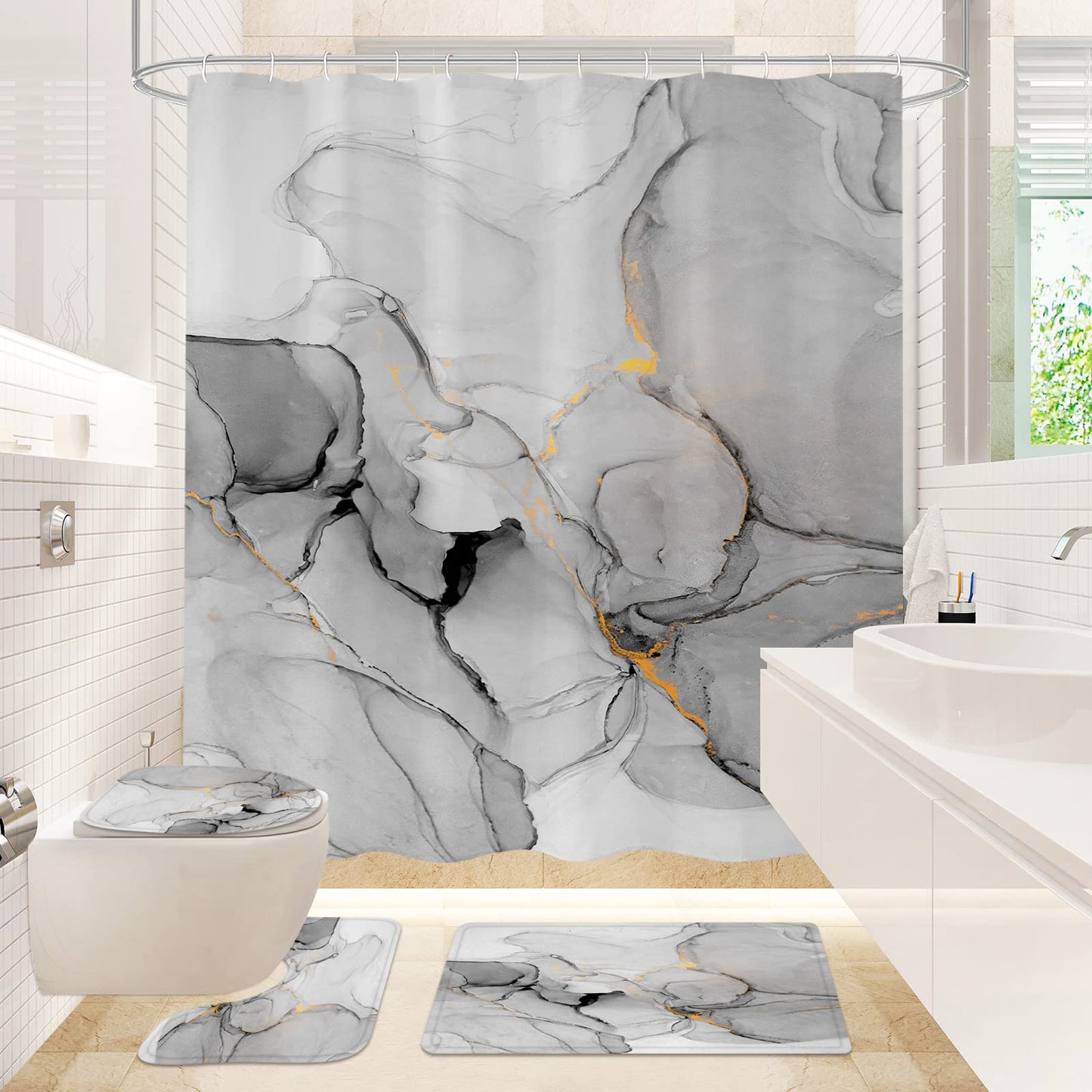 Gibelle 4 Pcs Bathroom Shower Curtain Set with Non-Slip Rugs, Toilet Lid Cover and Bath Mat, Grey Blue Marble Bathroom Decor Set with Shower Curtain and Rugs and Accessories BST326H