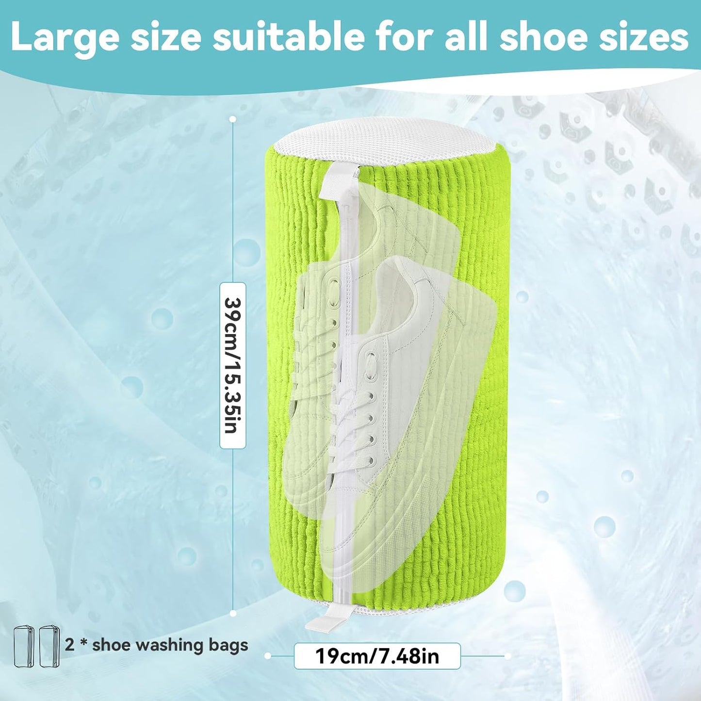 Shoe Washing Machine Bag, 2 Pack Green Shoe Bag for Washing Machine for Sneakers with Safety Hook Zipper, Reusable Shoe Laundry Bags BST326H