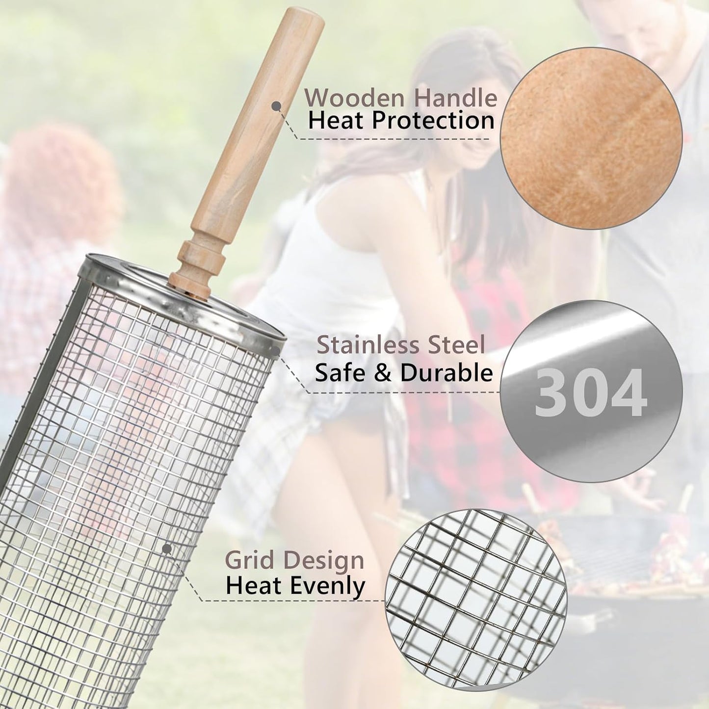2Pcs Rolling Grill Baskets, 304 Stainless Steel Grill Baskets with Removable Wooden Handle Vegetable Grilling Basket for Outdoor Cooking, BBQ, Camping BBQ Grill Accessories Cooking Gift for Men BST202