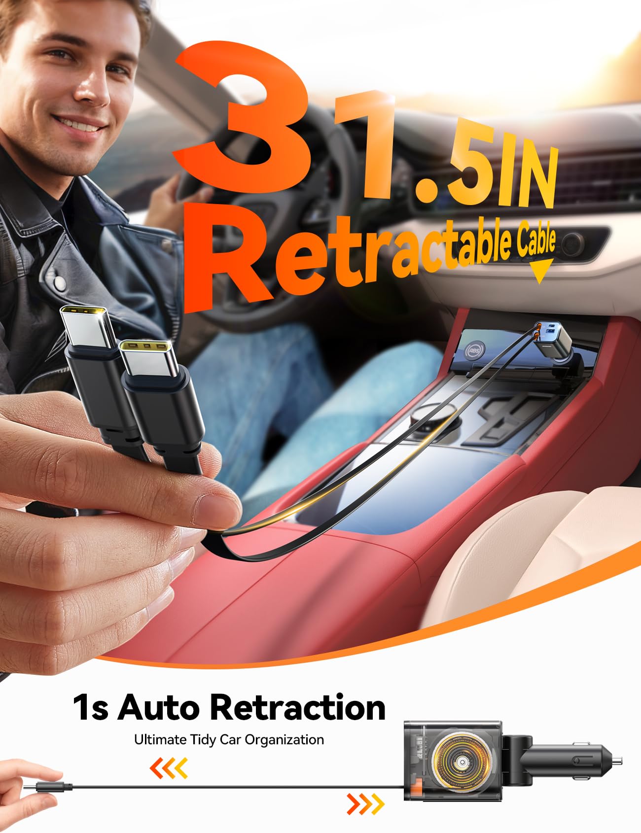 [5 in 1] 99W Retractable Car Charger Adapter, PD45W Car Charger USB C Fast Charging, Car Accessories,Tech Gadgets 2026 Birthday Gifts for Women Men for iPhone17 16 15 14 Pro Max, Samsung WN420