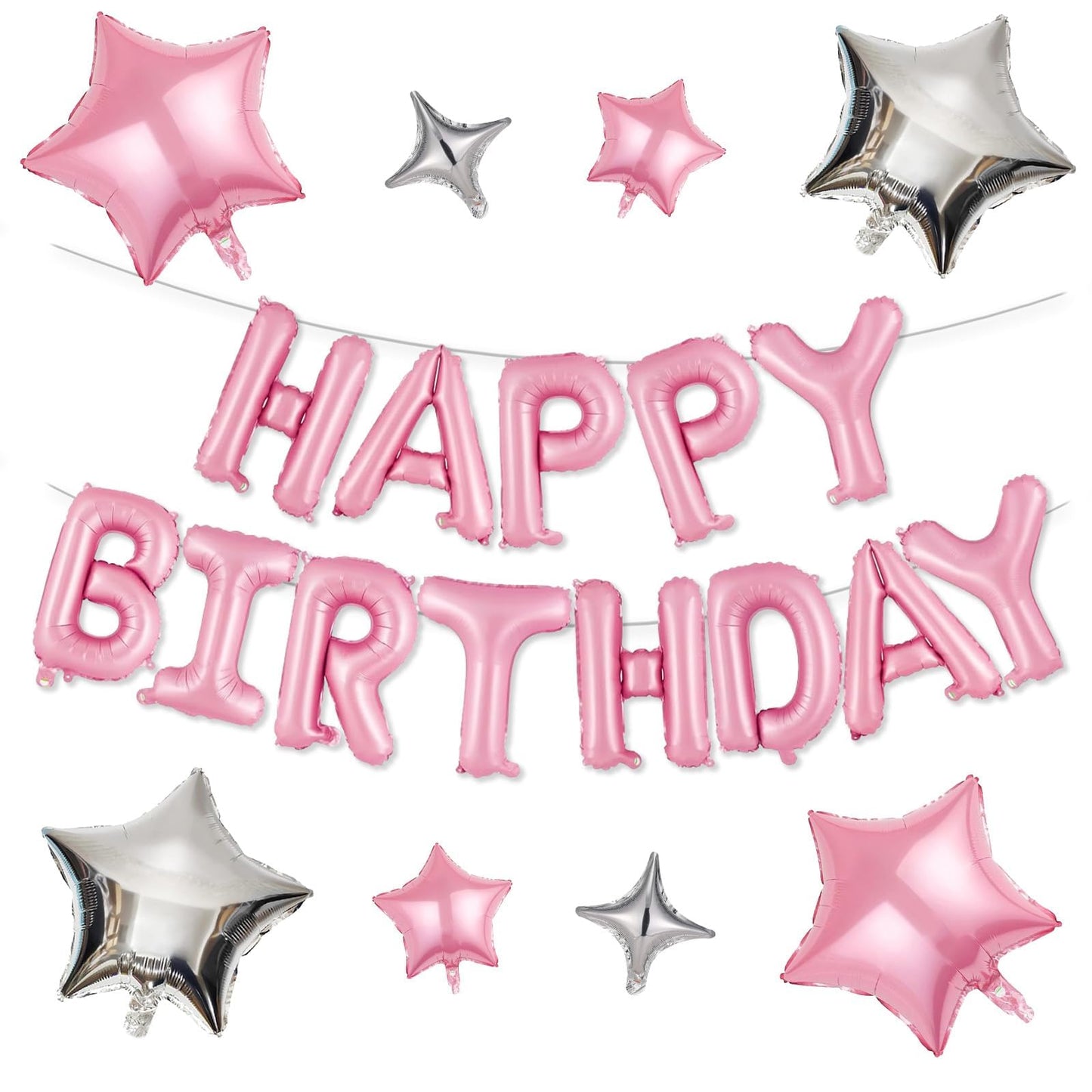 Happy Birthday Balloons Banner, Rainbow Happy Birthday Foil Balloons 16 Inch Foil Letter Balloon with 8 Pcs Gradient Blue Pink Star Balloon for Women Men Boys Girls Birthday Party Decoration WN420