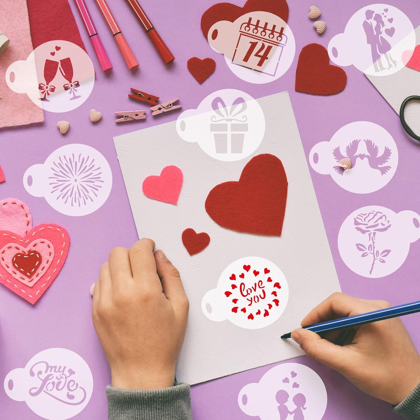 Konsait 20 Pack Valentine's Day Cake Stencils Reusable Coffee Cookie Decorating Stencils Mold Tools for Hot Cocoa,Dessert,Mousse and Cappuccino BST326L