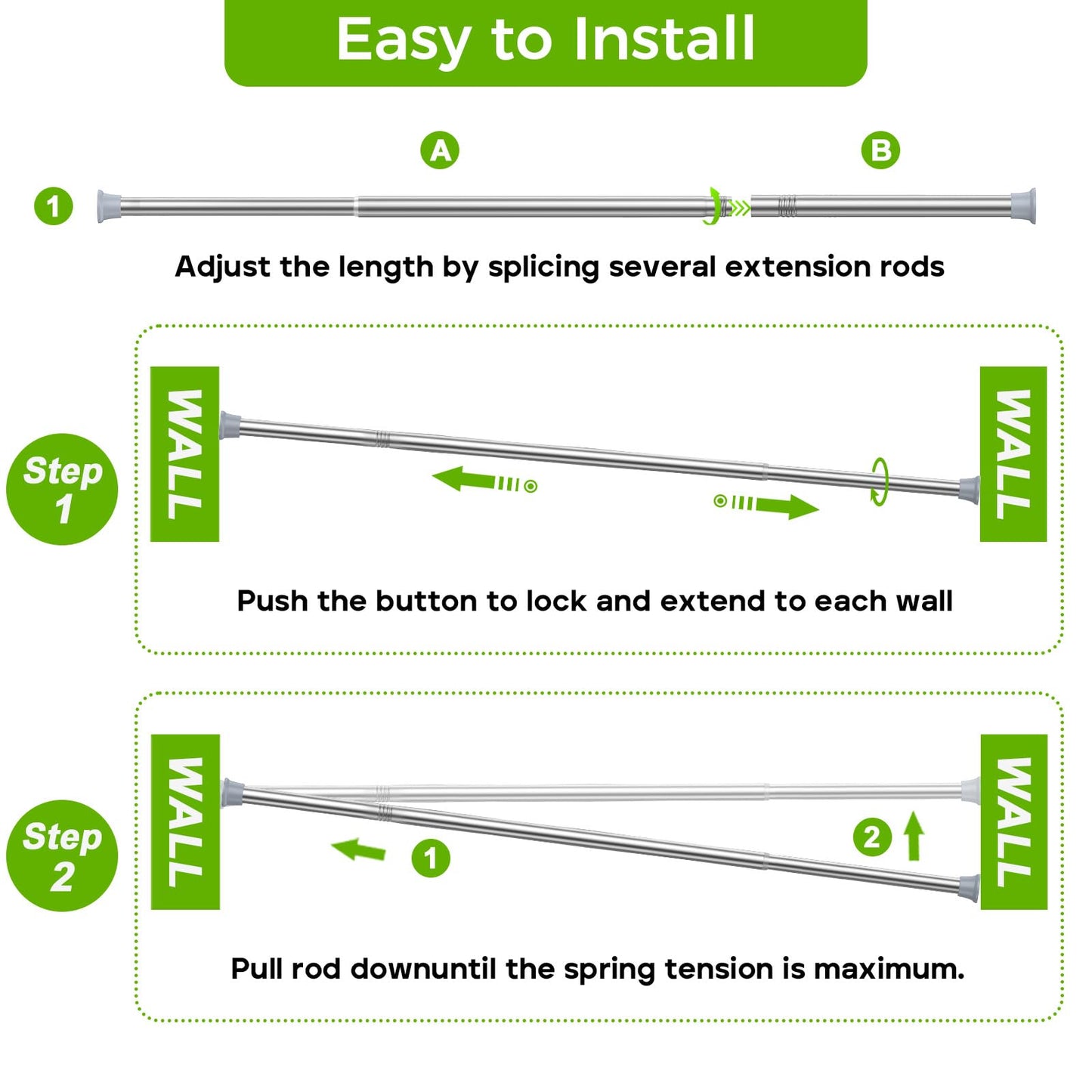 White Shower Curtain Rod 32 to 76 Inches Adjustable, 7/8 Inch Diameter Heavy Duty Tension Curtain Rods No Drill, Rust-Resistant Tension Rod for Bathroom, 1 Pack BST326H