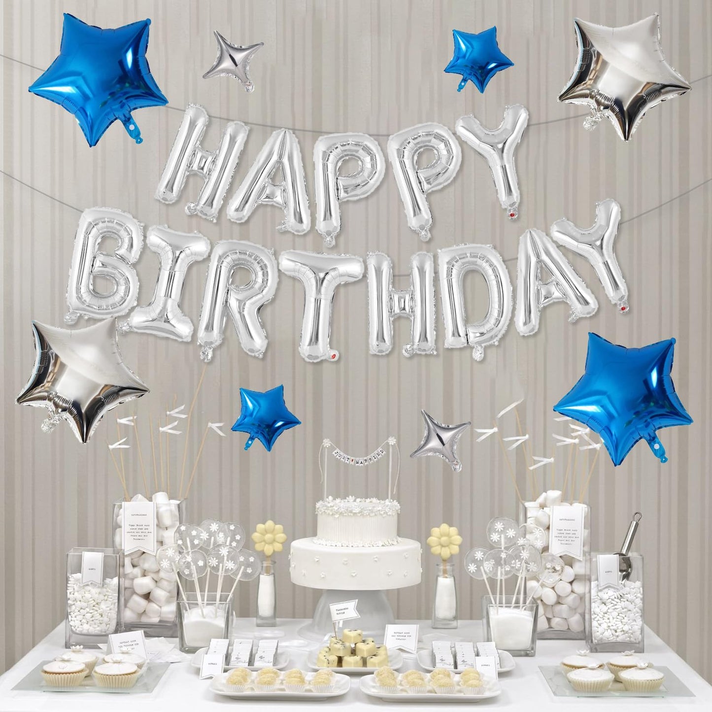 Happy Birthday Balloons Banner, Rainbow Happy Birthday Foil Balloons 16 Inch Foil Letter Balloon with 8 Pcs Gradient Blue Pink Star Balloon for Women Men Boys Girls Birthday Party Decoration WN420
