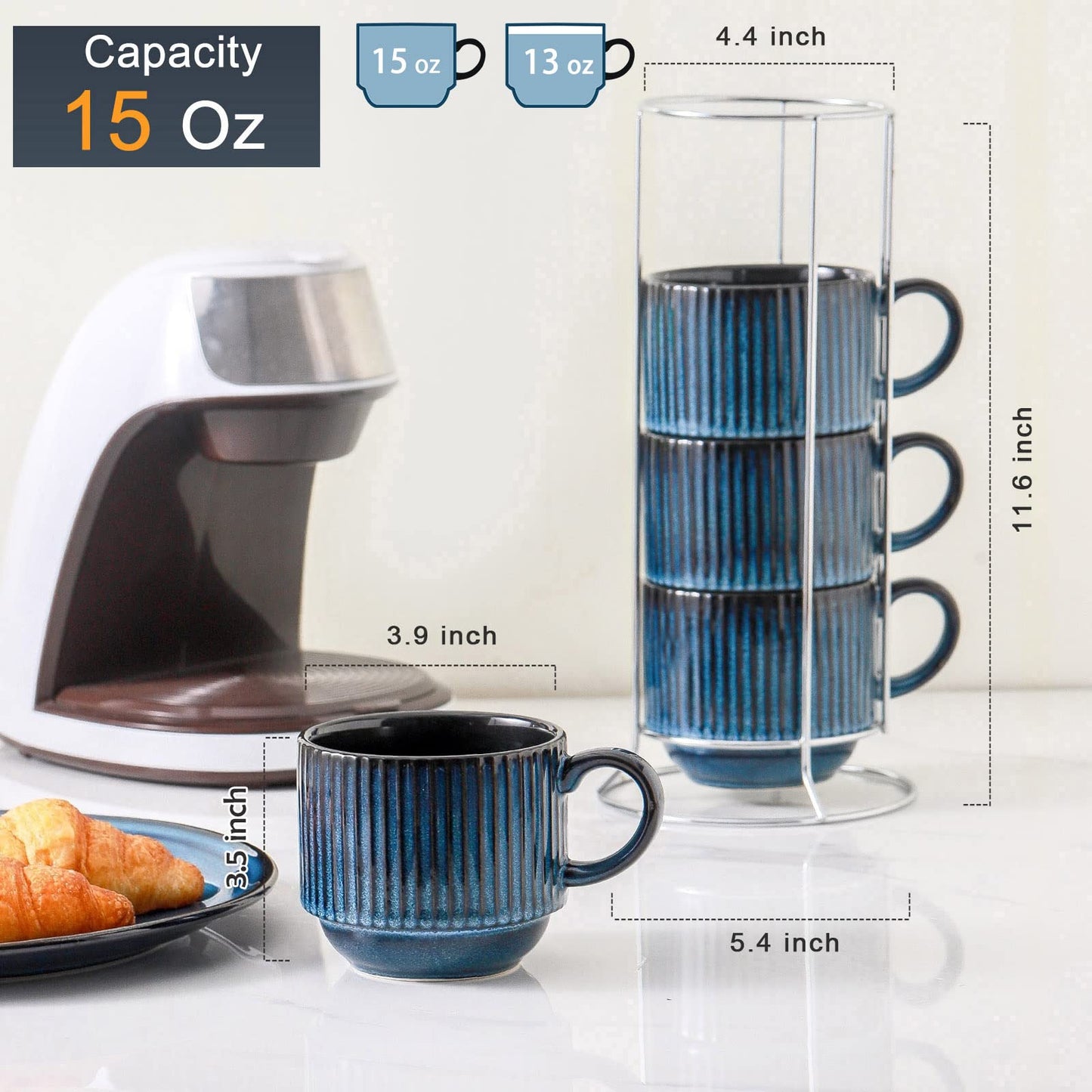 HASENSE 15 oz Ribbed Stackable Coffee Mug Set of 4, Porcelain Latte Cups with Metal Rack, Dishwasher & Microwave Safe, Cappuccino Tea Hot Cocoa, White BST220