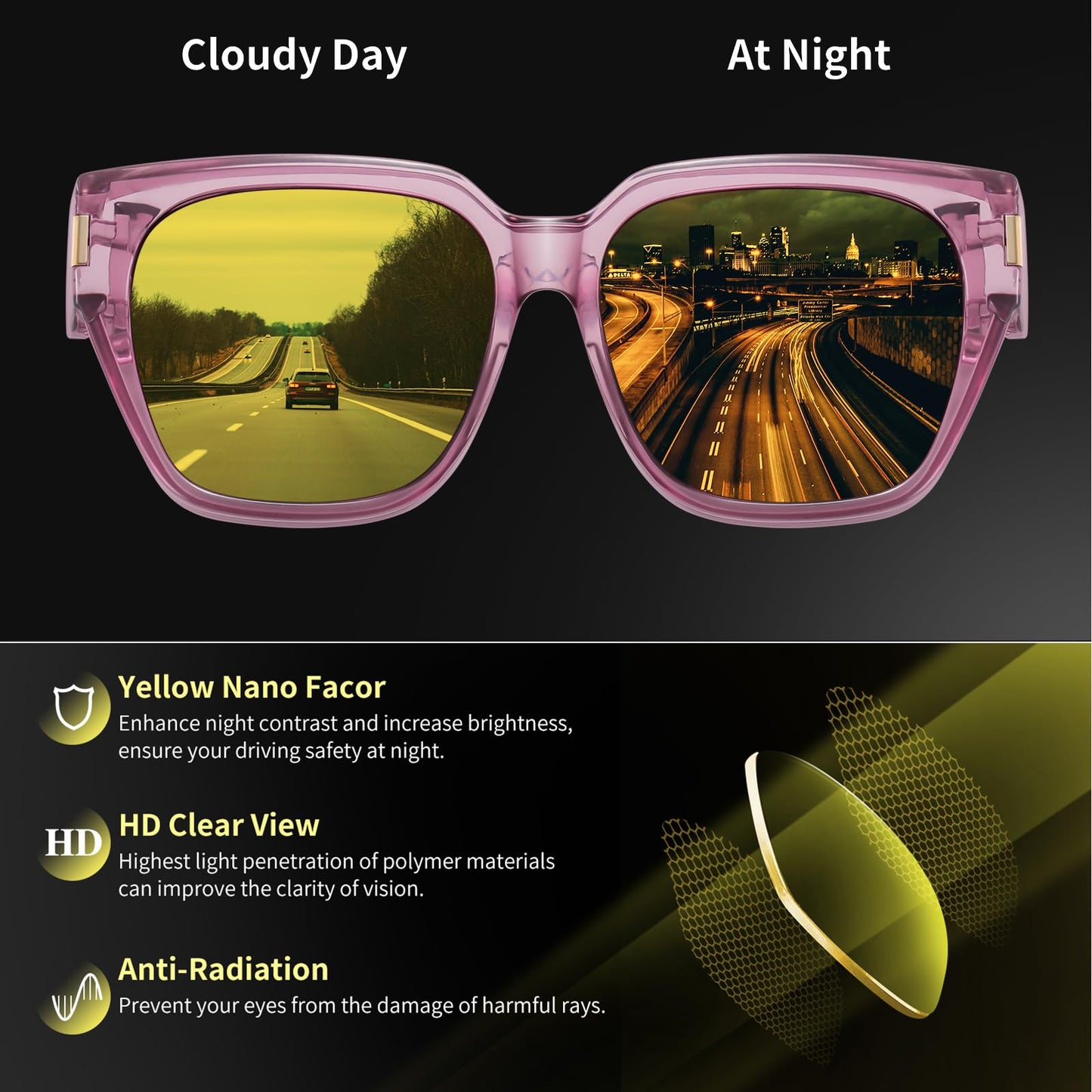 HAOLOTA Night Vision Driving Glasses Fit Over Glasses for Women Men, Anti Glare Polarized Nighttime Yellow Lens WN420