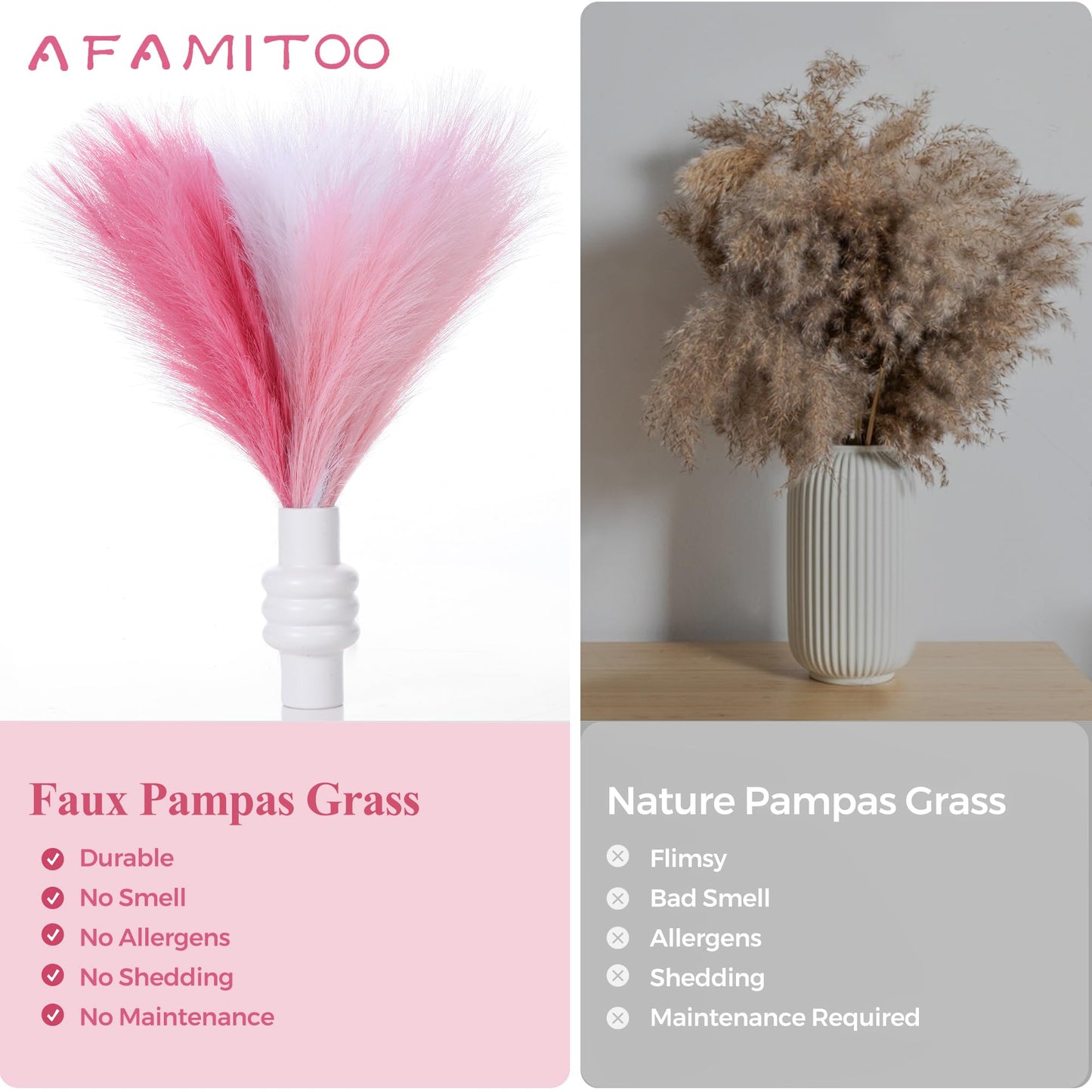 Black Pampas Grass Decor, 17.7 Inch 6pcs for Home Wedding Party, Small Vase | Artificial Pampas Grass in Fluffy Grey and White Short Stems, Durable No Shedding, Vase Filler for Table Centerpieces BST202