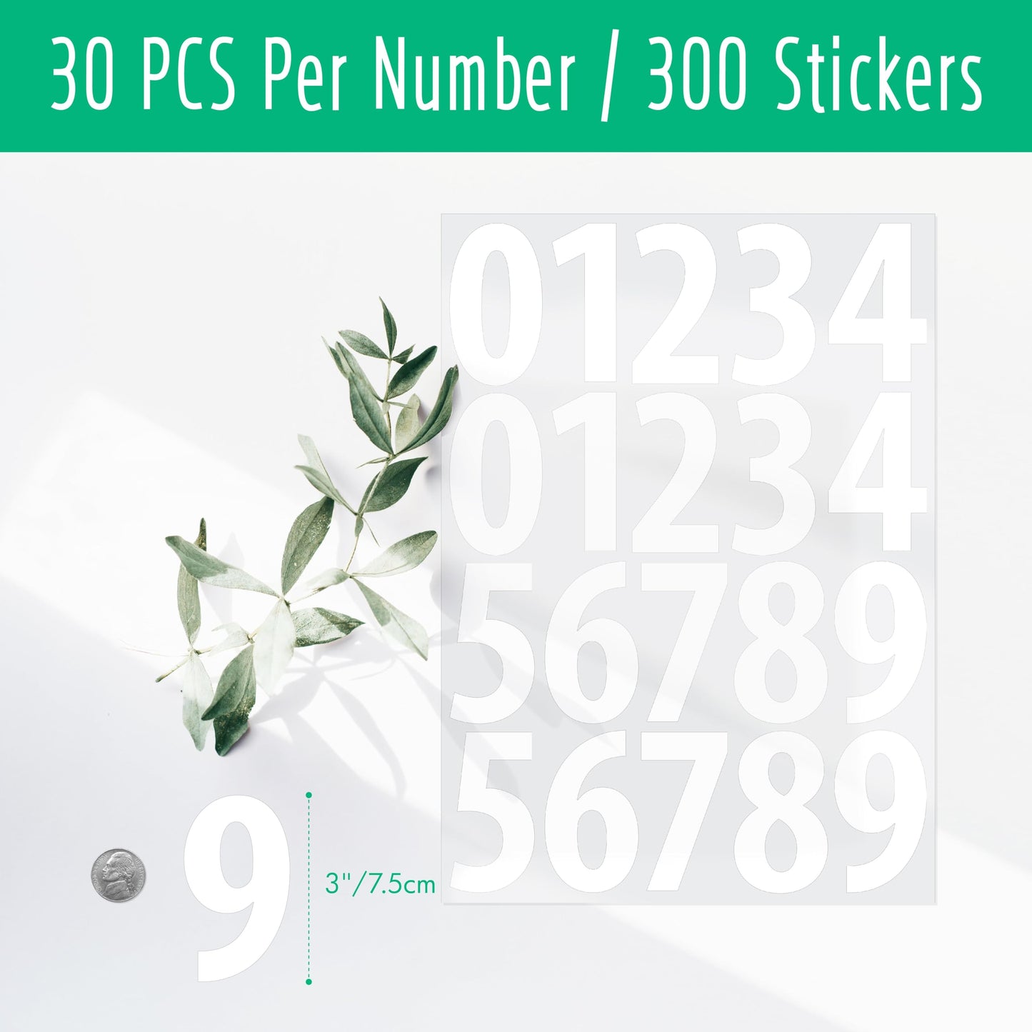 300 PCS Number Stickers, 2” Waterproof Vinyl Number Stickers Consecutive Number 0-9 Labels Self-Adhesive Without Residue Left for Office, Classroom, Indoor, Boxes, Storage (15 Sheets, White) BST220