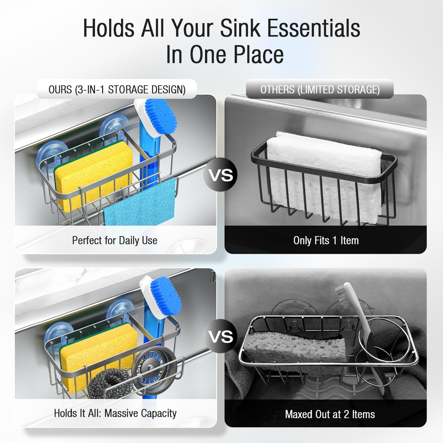 3-in-1 Kitchen Sink Caddy Organizer with Sponge Holder, Brush Holder, Extra Rack for Scrubber, Sink Stopper, Dish Cloth Hanger - Strong Dual Suction Cup, 2.0mm SUS304 Stainless Steel - Grey WN420