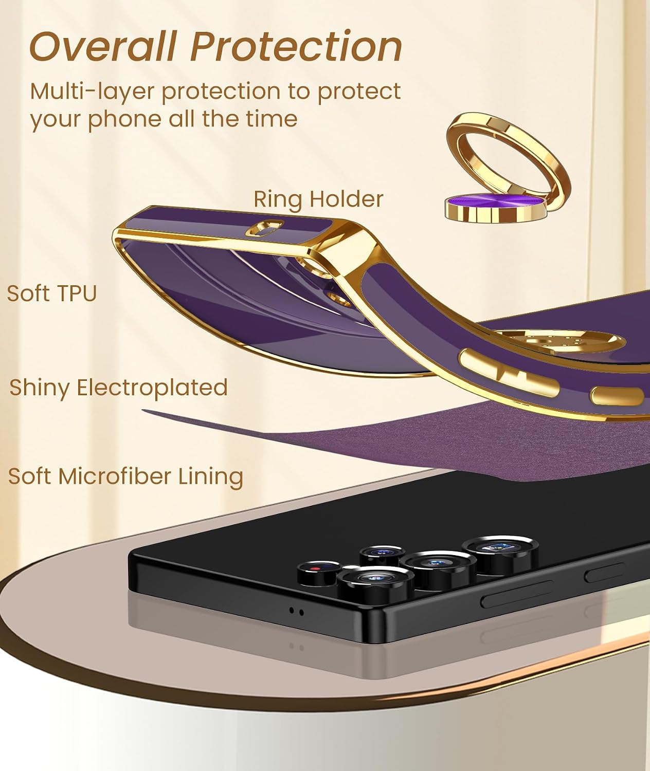 Dretal for Samsung Galaxy S25 Ultra 5G Case, 2X Screen Protector, 360°Rotatable Ring Holder Magnetic Kickstand,Plated Gold Edge Slim Soft TPU Protective Phone Cover for Galaxy S25 Ultra (Deep Purple) WN420