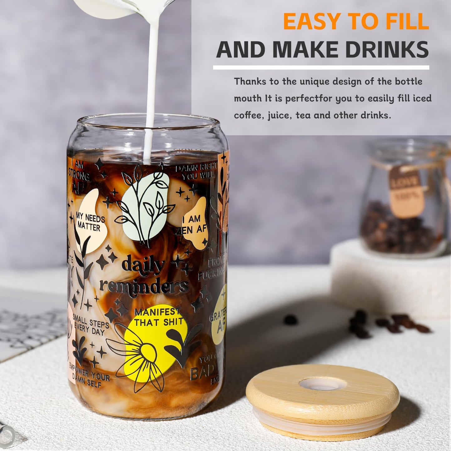 DWTS DANWEITESI Glass Cups “20oz”,Glass Cups with Lids and Straws 4 pcs-Coffee Cups,Drinking Glasses Set,Glass Tumbler with Straw and Lid Gift 2 Cleaning Brushes 600ml BST202