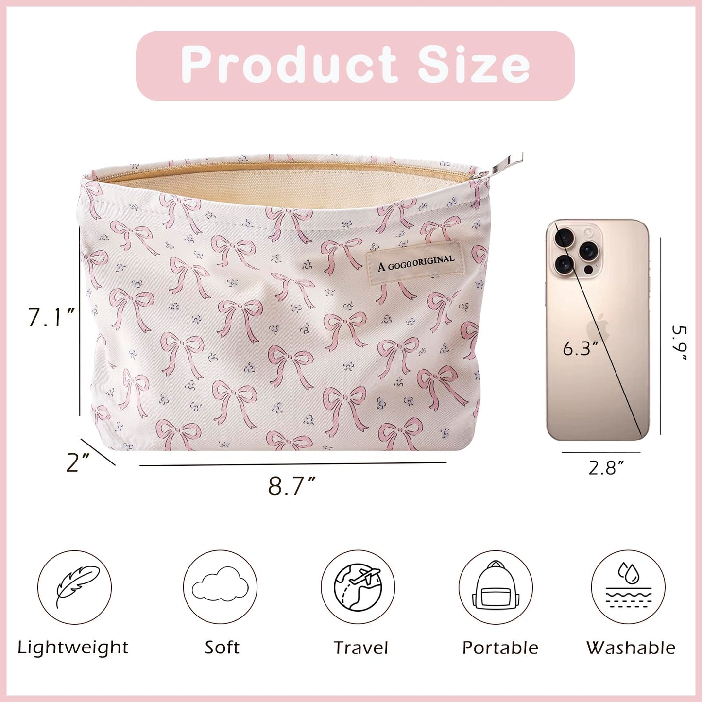 RSRSLEII Striped Makeup Bag for Women, White Cosmetic Bag with Bow, Travel Toiletry Cosmetic Bag with Zipper, Cute Women Aesthetic Organizer Storage Pouch, Girls Handbags Purses (06 White Stripe Bow) BST220