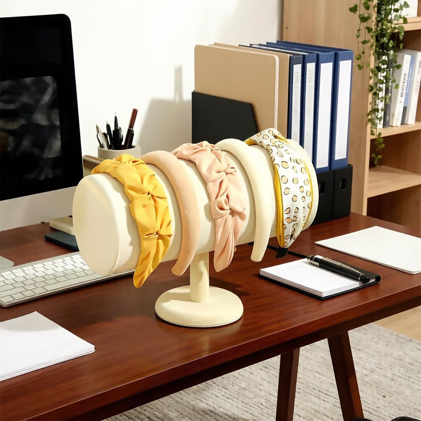Headband Holder Organizer Tower, Soft Velvet Hairband Stand Display, Hair Hoop Accessories Storage for Home Bedroom or Store Shop Selling (Beige, T-Bar) BST202