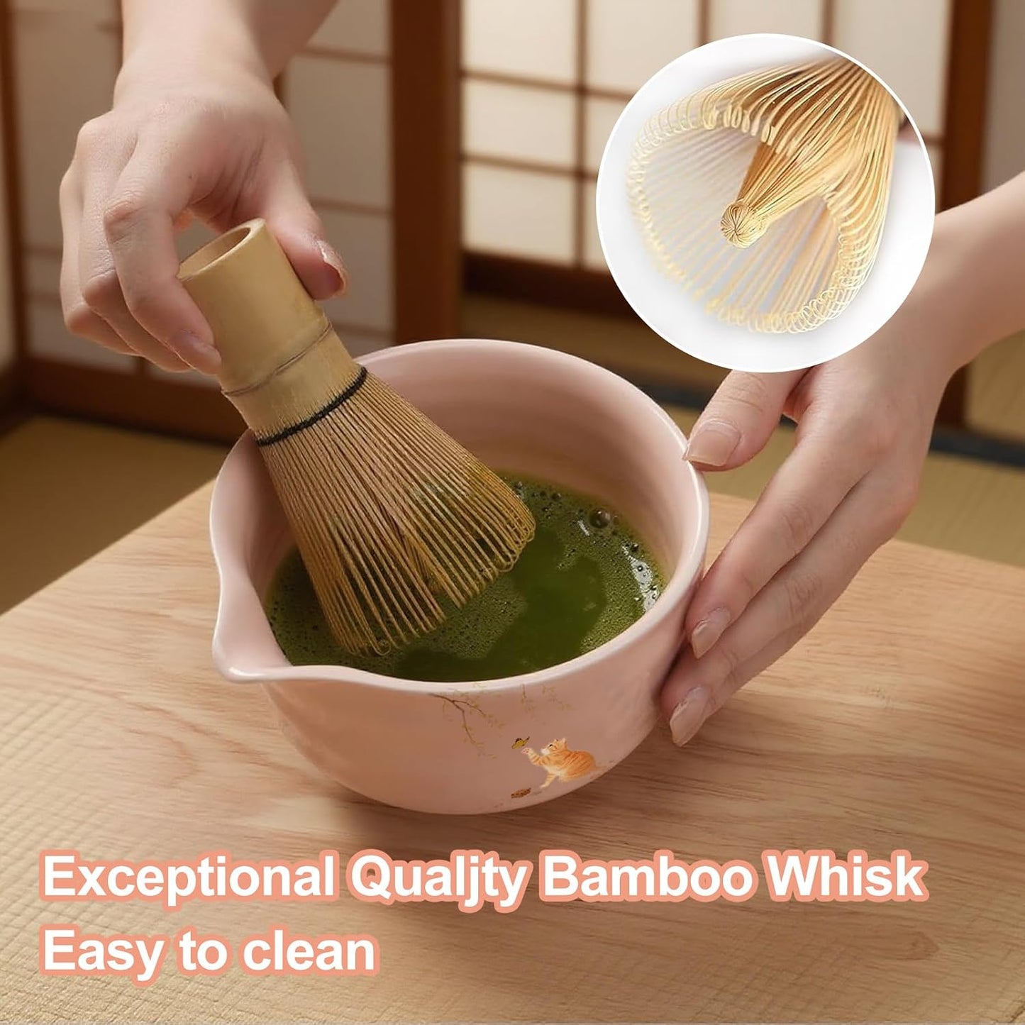 Matcha Whisk Set, 7PCS Matcha Set Includes Ceramic Matcha Set Includes Matcha Bowl, Matcha Whisk and Holder, Bamboo Scoop, Scoop Rest, Sifter and Tea Towel, Gift Bag (Pink) WN420