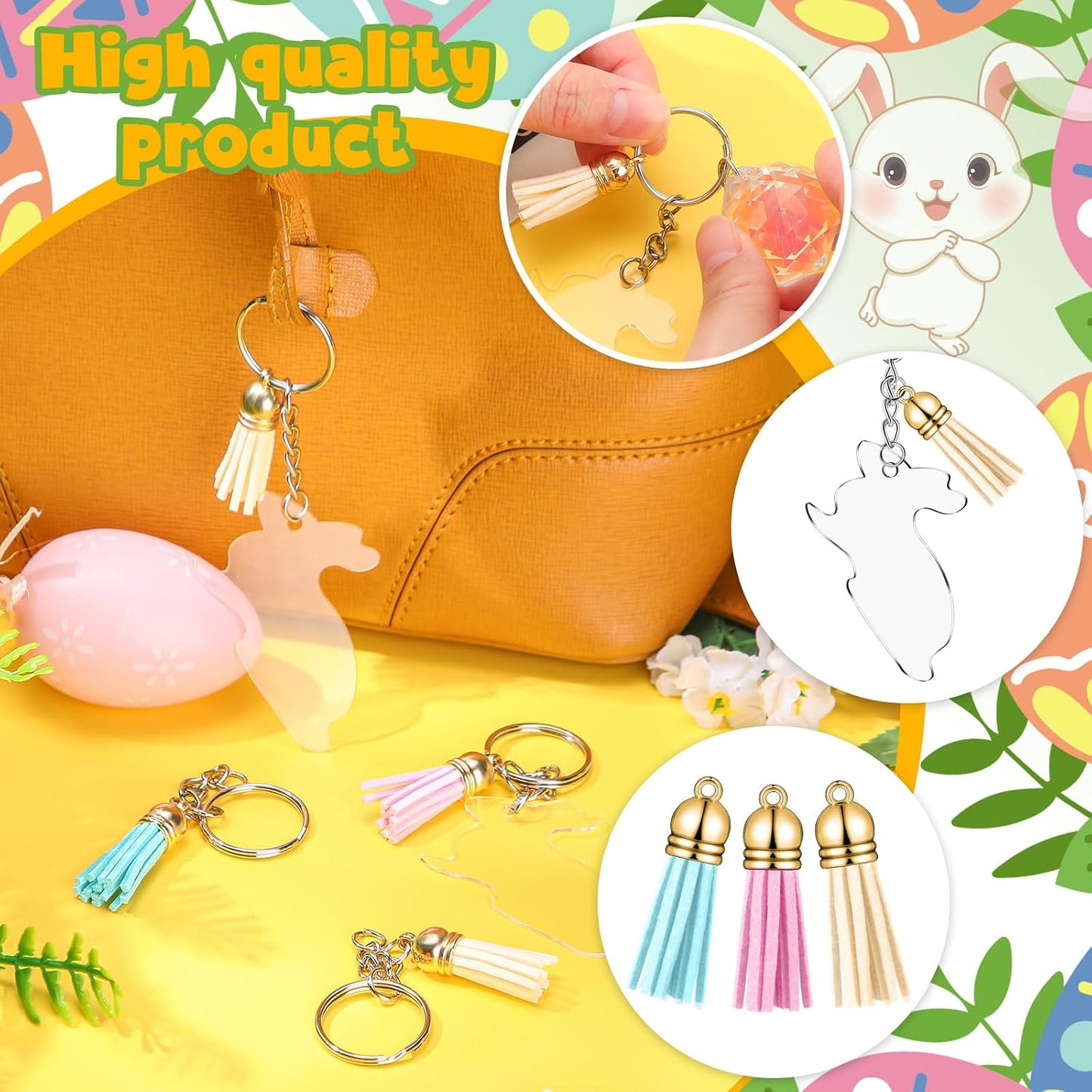 Tondiamo 120 Pcs Easter Blank Keychain Tassel Set Including 30 Pcs Rabbit Keychain Blank 30 Keychain Ring 30 Jump Rings 30 Artificial Leather Tassel for DIY Keychain Earring WN420