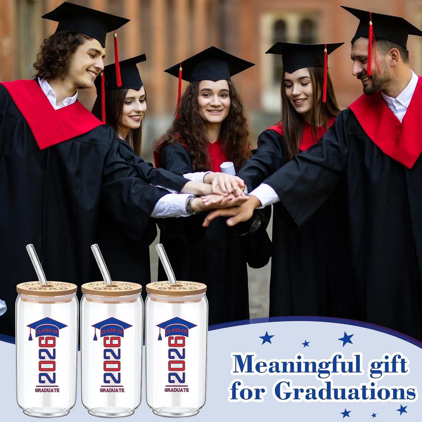 6 Pcs Red and Blue Class of 2026 Graduation Gifts Graduation Glass Cup with Lids Straw 16oz Congrats Grad Coffee Mugs for Her Him Men Women Middle & High School College Tumbler Party Favor BST326H