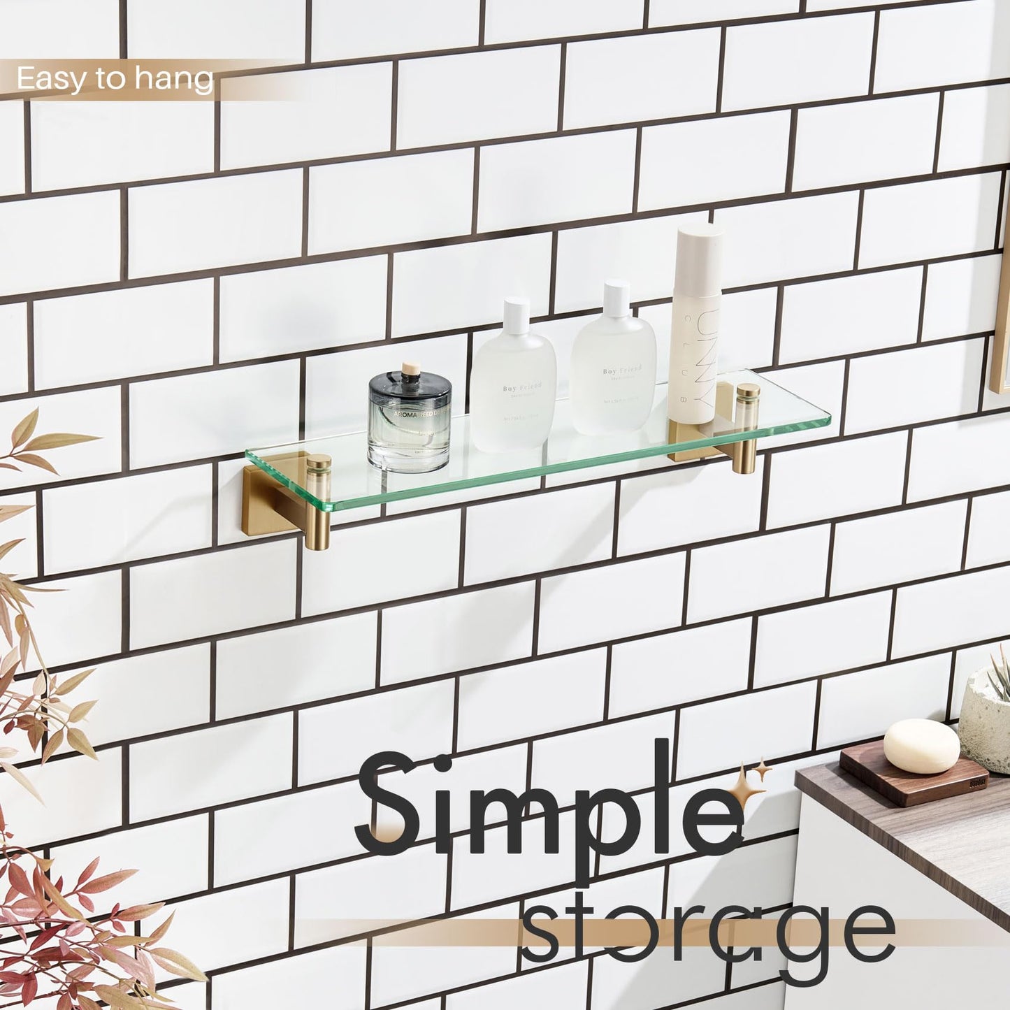 KOKOSIRI Wall Shelves Bathroom Hardware Glass Floating Shelf 12-Inch for Bedroom, Living Room, Kitchen, Hanging Rack Champagne Bronze B1105CPG-L12 BST202