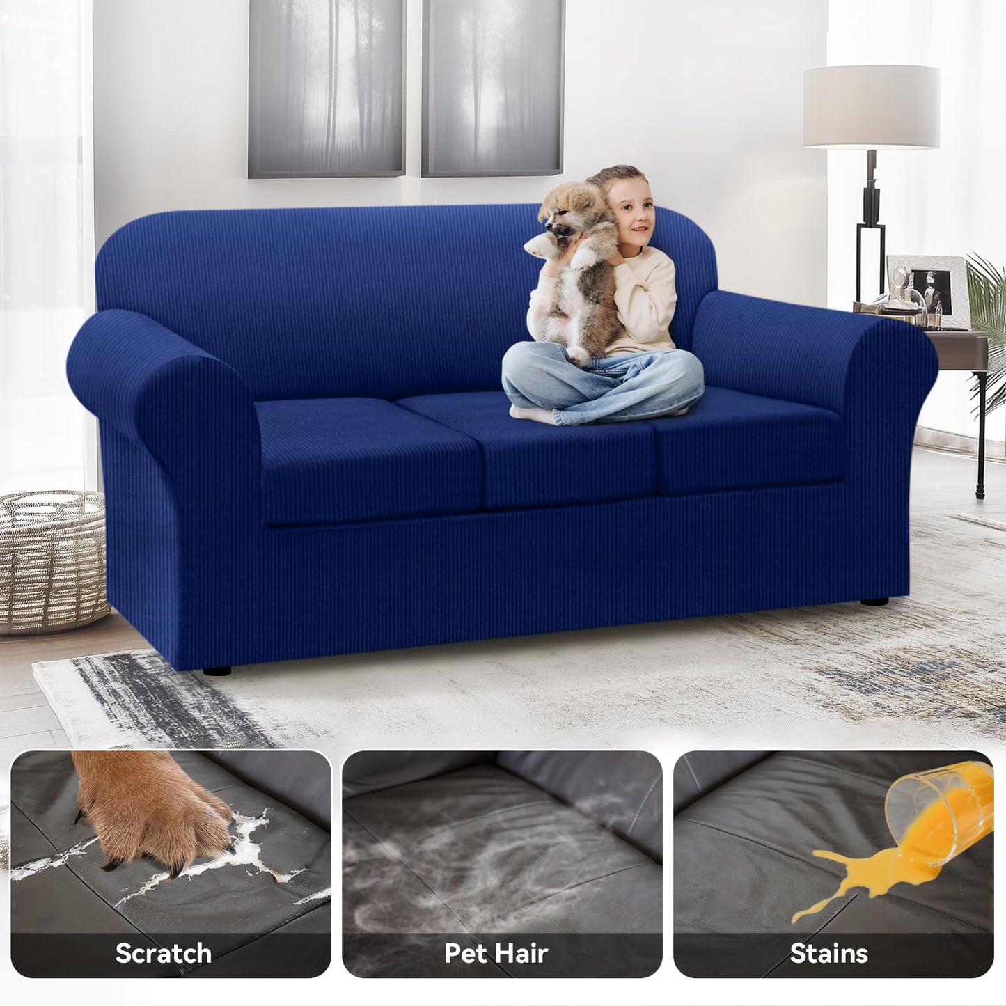 Waterproof Chair Cover with Arms 2-Piece Set Striped Slipcover for 1 Separate T Cushion Couch - TPU Fabric Armchair Covers Leakproof Couch Protector for Kids, Pets(Chair, Beige) BST220
