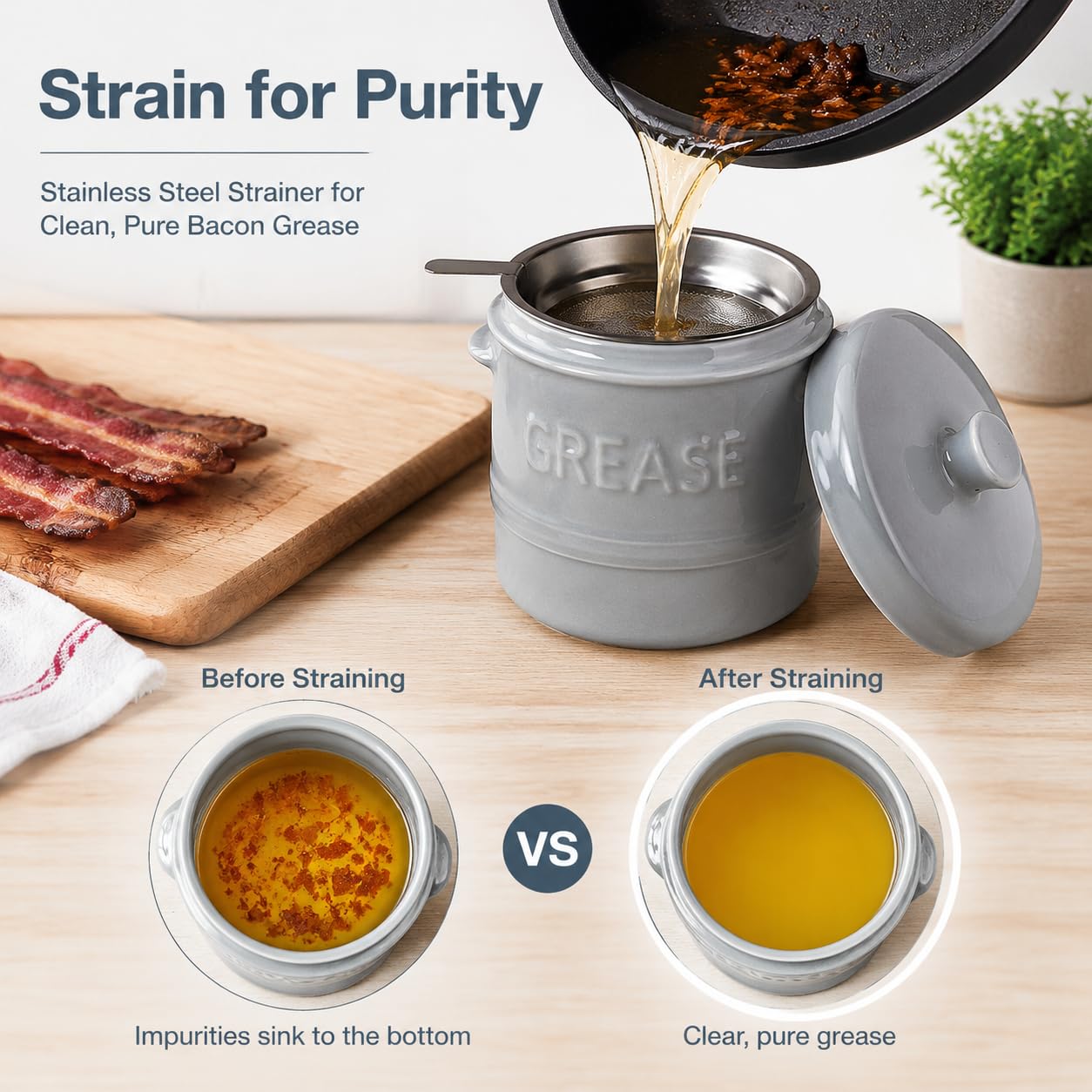 ONEMORE Ceramic Bacon Grease Container with Strainer N25