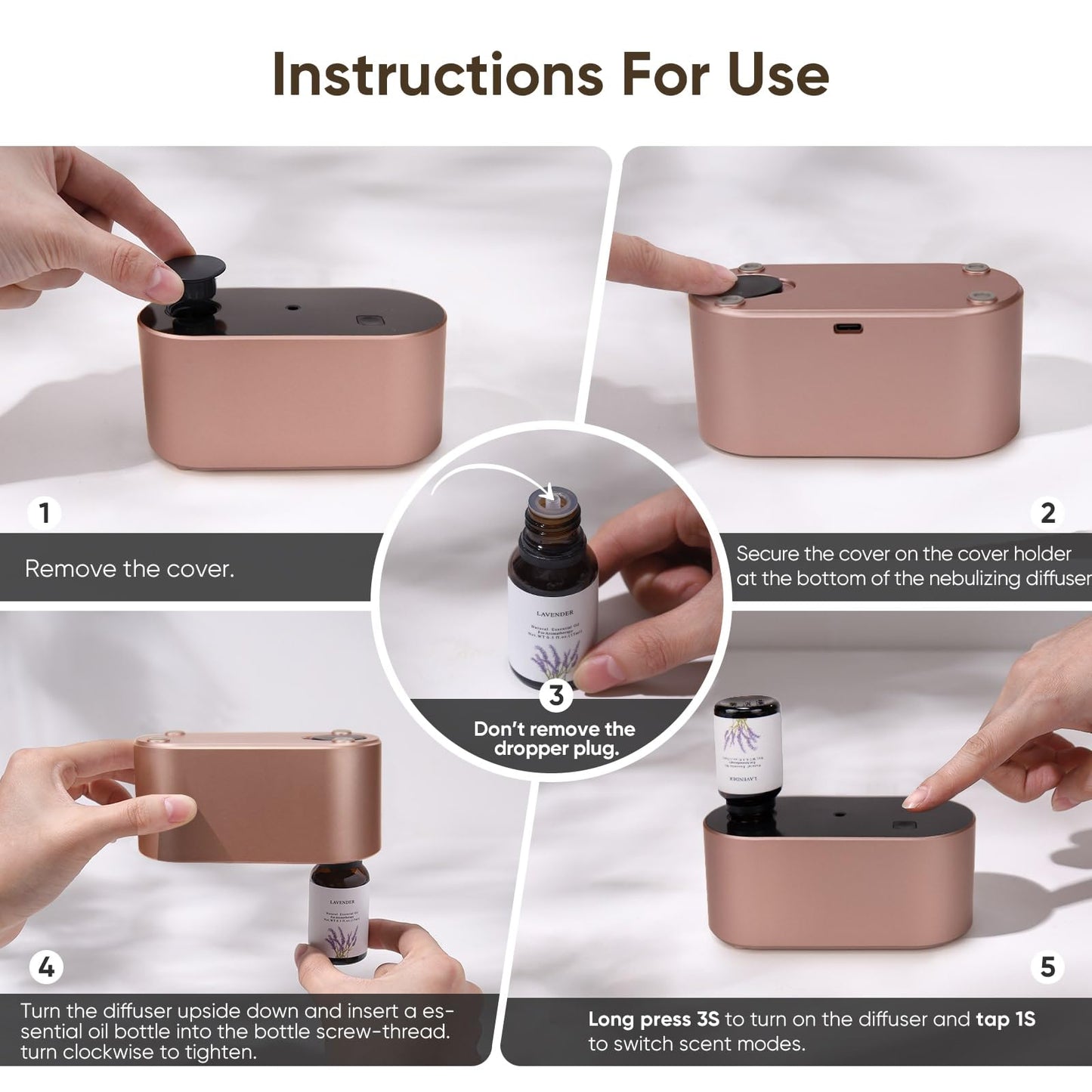 Lecdura Waterless Diffuser for Essential Oil, Battery Operated Scent Air Aromatherapy Diffuser, Mini Aroma Diffusers with 3 Intermittent Mist Modes, Cycle Start for Home Office Bedroom - Rose Gold