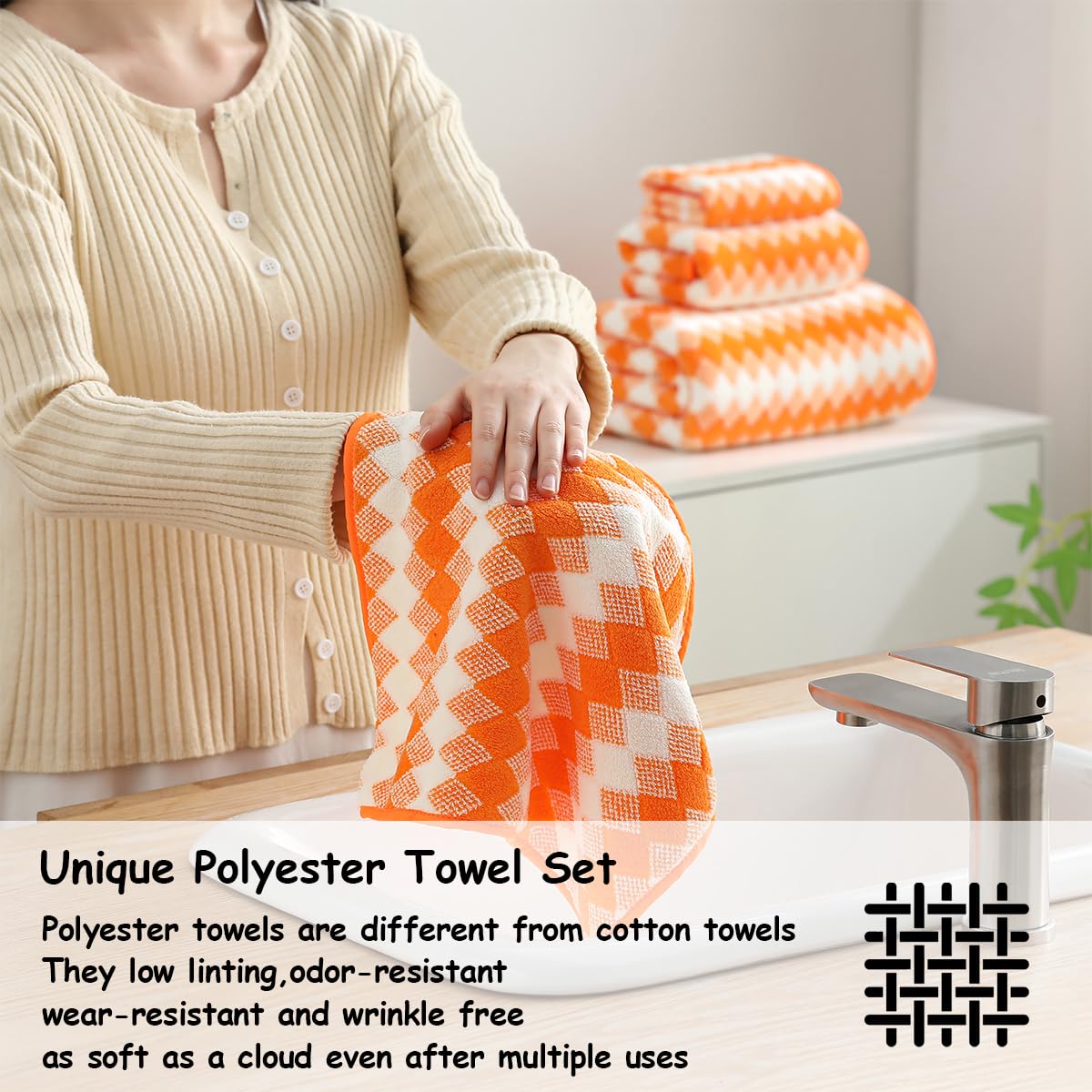 12 Pcs Light Gray Diamond Towel Set-4 Bath Towels,4 Hand Towels,4 Washcloths Soft Polyester Towels with Loop Absorbent Shower Towel Quick Dry Beach Chair Towel Family Towels for Bathroom Spa Gym Pool BST220