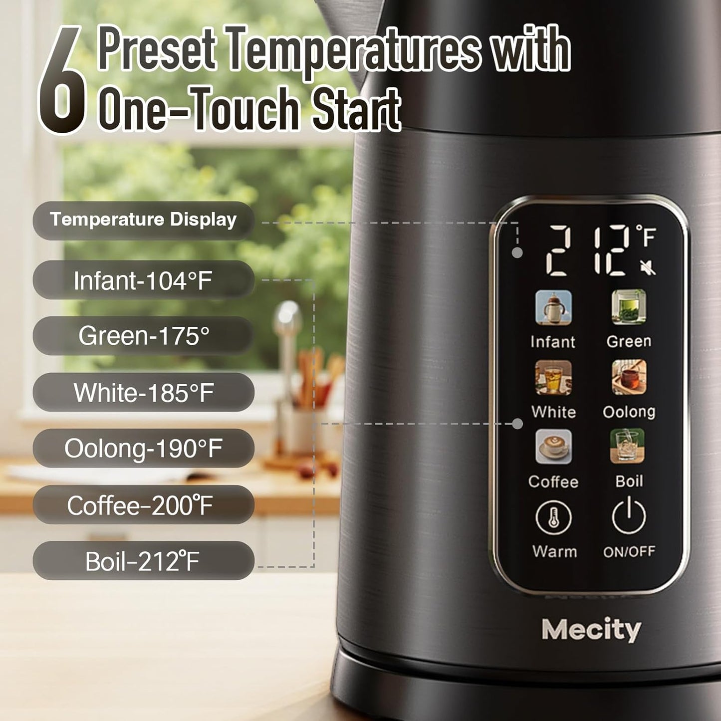 Mecity Electric Kettle 1.7L Touch Screen Temperature Control Water Boiler, No Plastic Contact with Water. 6 Preset Temperature Programs, 2 Hours Keep Warm, Auto Shut Off, Dark Grey DD1210