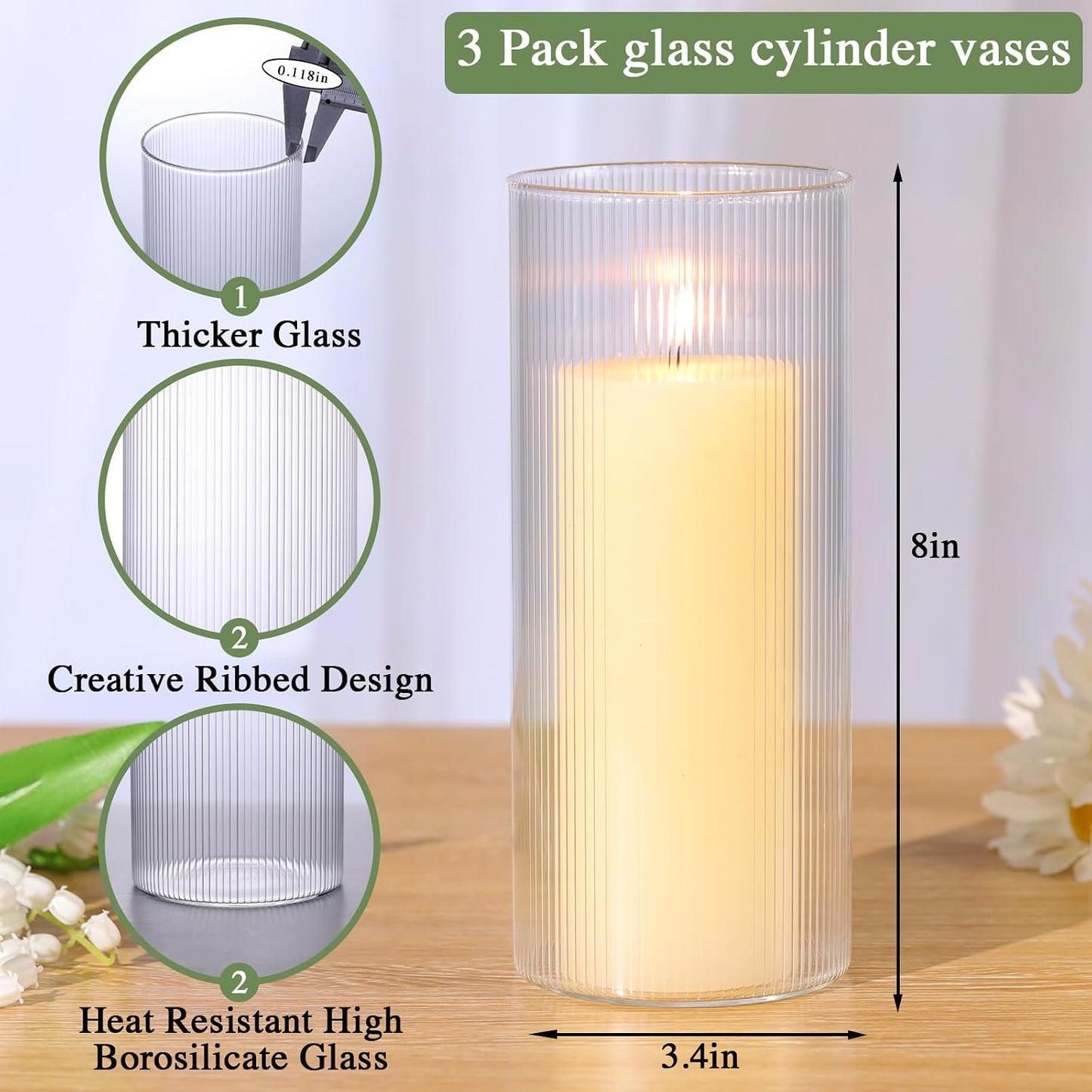 Glass Ribbed Cylinder Vases, 8 Inch Tall, Clear, Pack of 3 | Flower Vases in Bulk, Hurricane Floating Candle Vases, For Party Home Decor BST326H