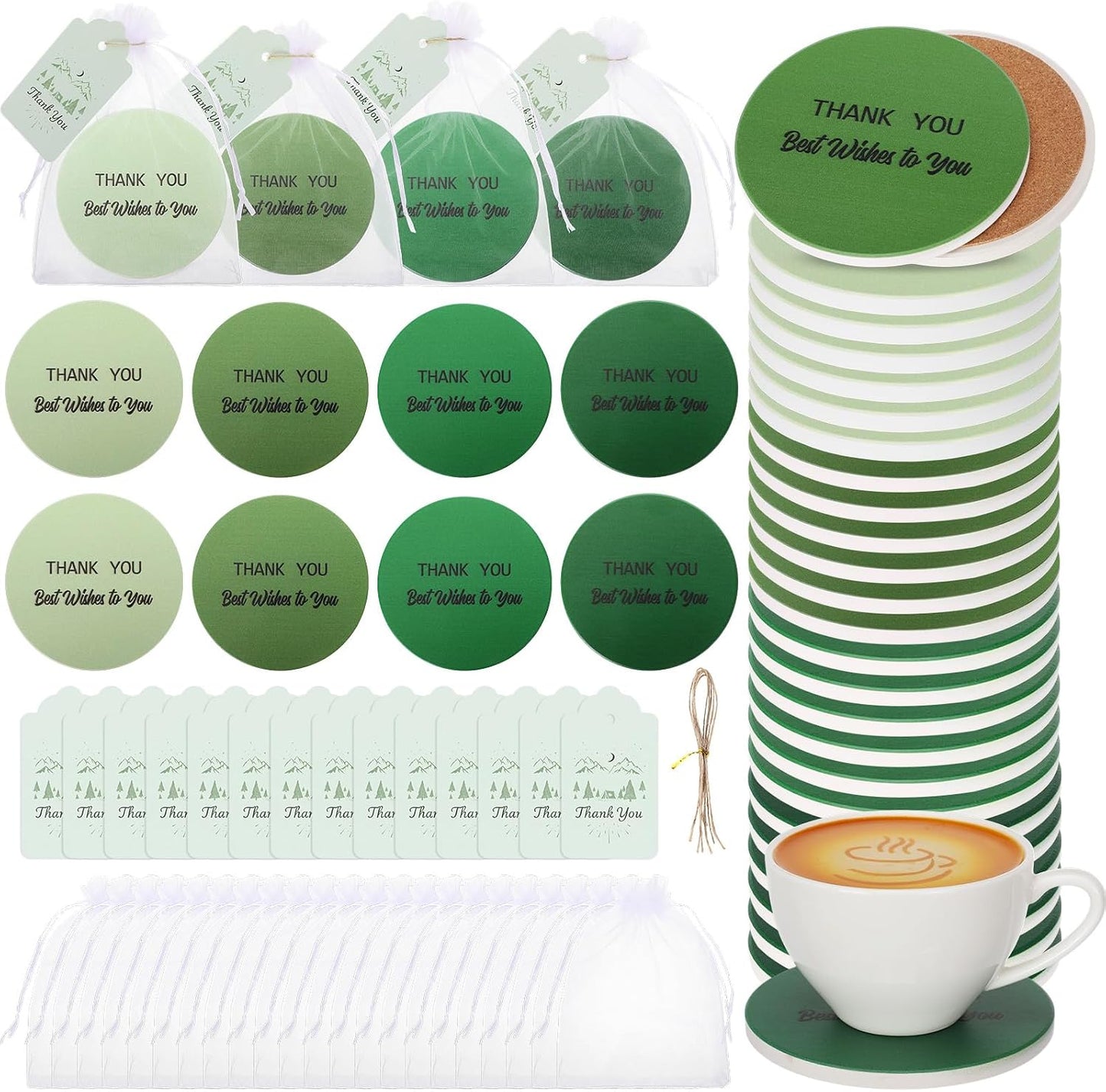 Zhehao 24 Pcs Sage Green Thank You Gift Set, Bulk Ceramic Coasters with Cards and Organza Bags for Employee Appreciation, Teacher Appreciation Gifts, Wedding Favors, Baby Shower, Church Party Favors BST326L