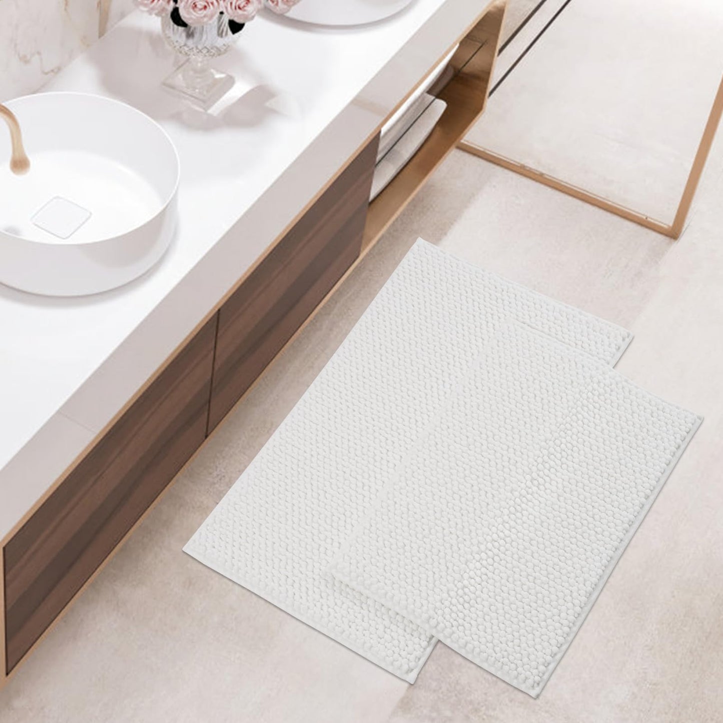 FRESHMINT Chenille Bathroom Rugs Sets 2 Piece 17"x24"+20"x32", Non-Slip Bath Mats, Absorbent Bath Rug, Washable Set of 2 Shower Floor Mat, Gray BST220