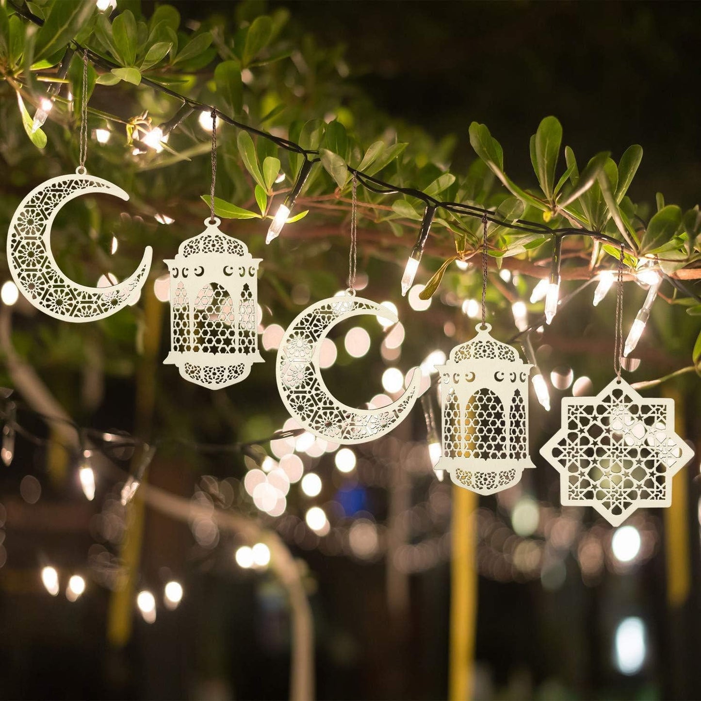 6Pcs Ramadan Decorations Wooden Ornaments Pendant Decoration | Moon Lantern Star Shape Mubarak Eid Hanging Ornament for Ramadan Mubarak Eid Decorations BST202
