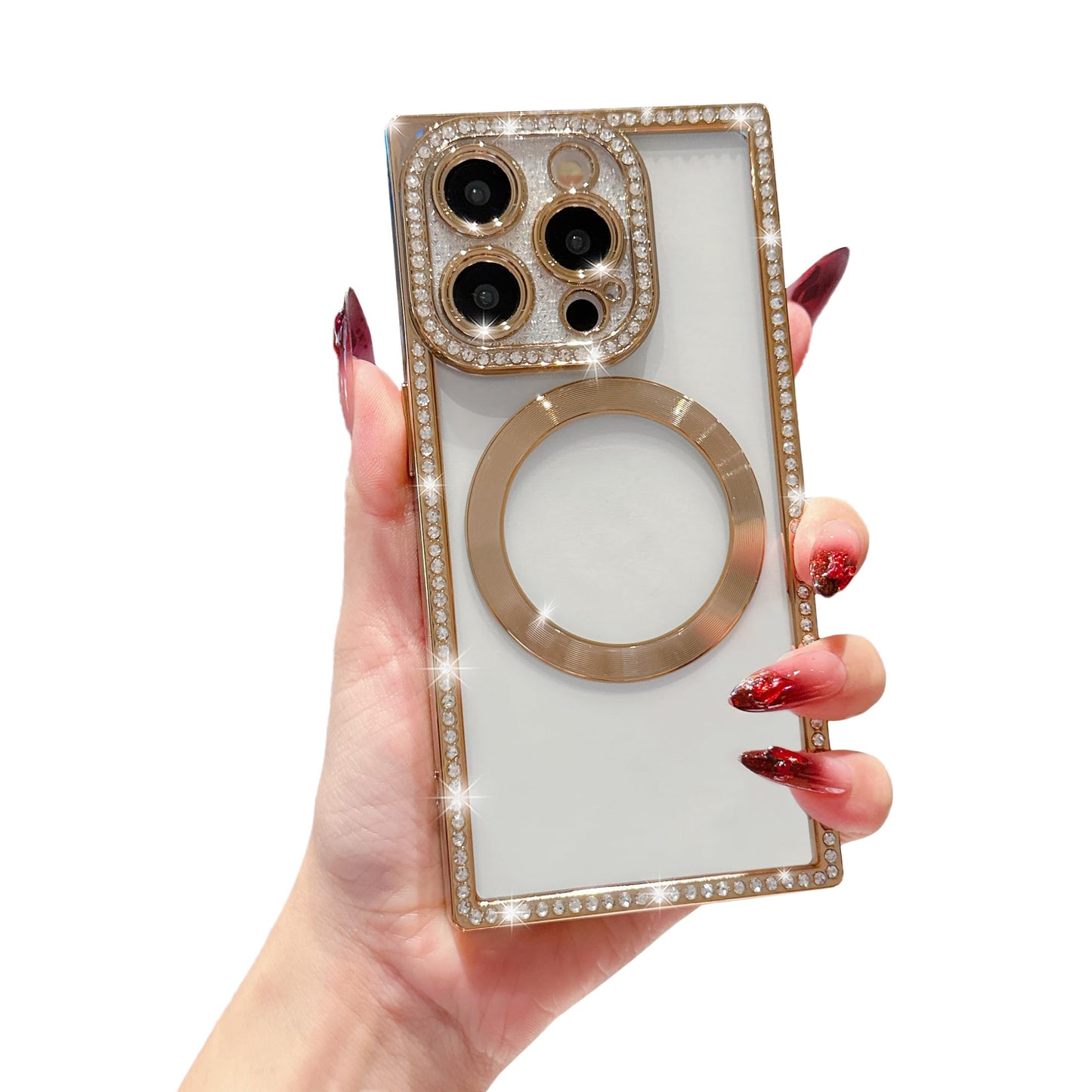 Owncase Magnetic for iPhone 13 Pro Case, Compatible with Magsafe, Crystal Diamonds Glitter Electroplated Edge Soft TPU Clear Phone Case for Women Girls, Gold WN420