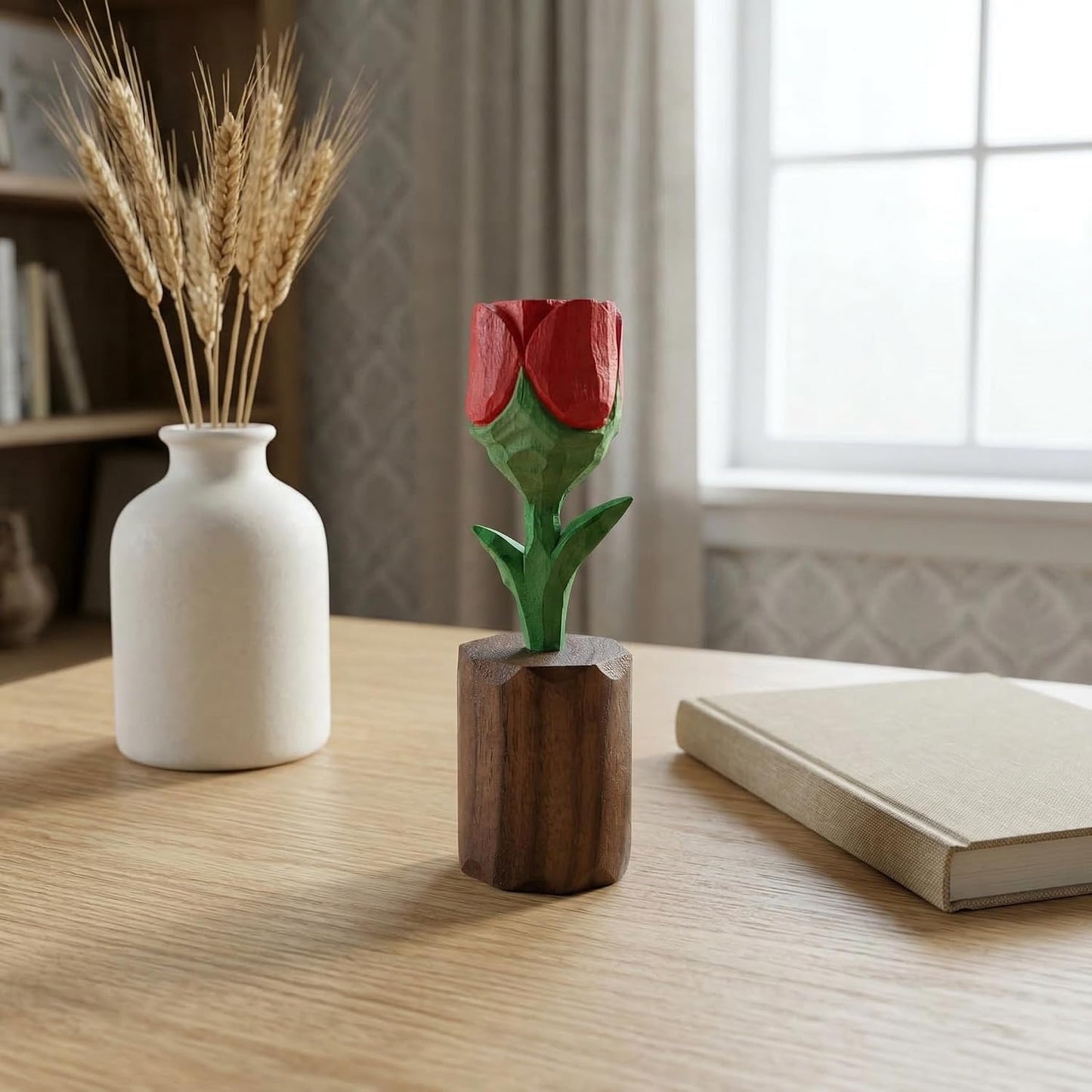 Wood Rose for 5th for Wife - Handcrafted Basswood Flower Figurine - Romantic Valentine's Day Birthday Gift for Her - Everlasting Wooden Sculpture with Gift Box (Red) BST220