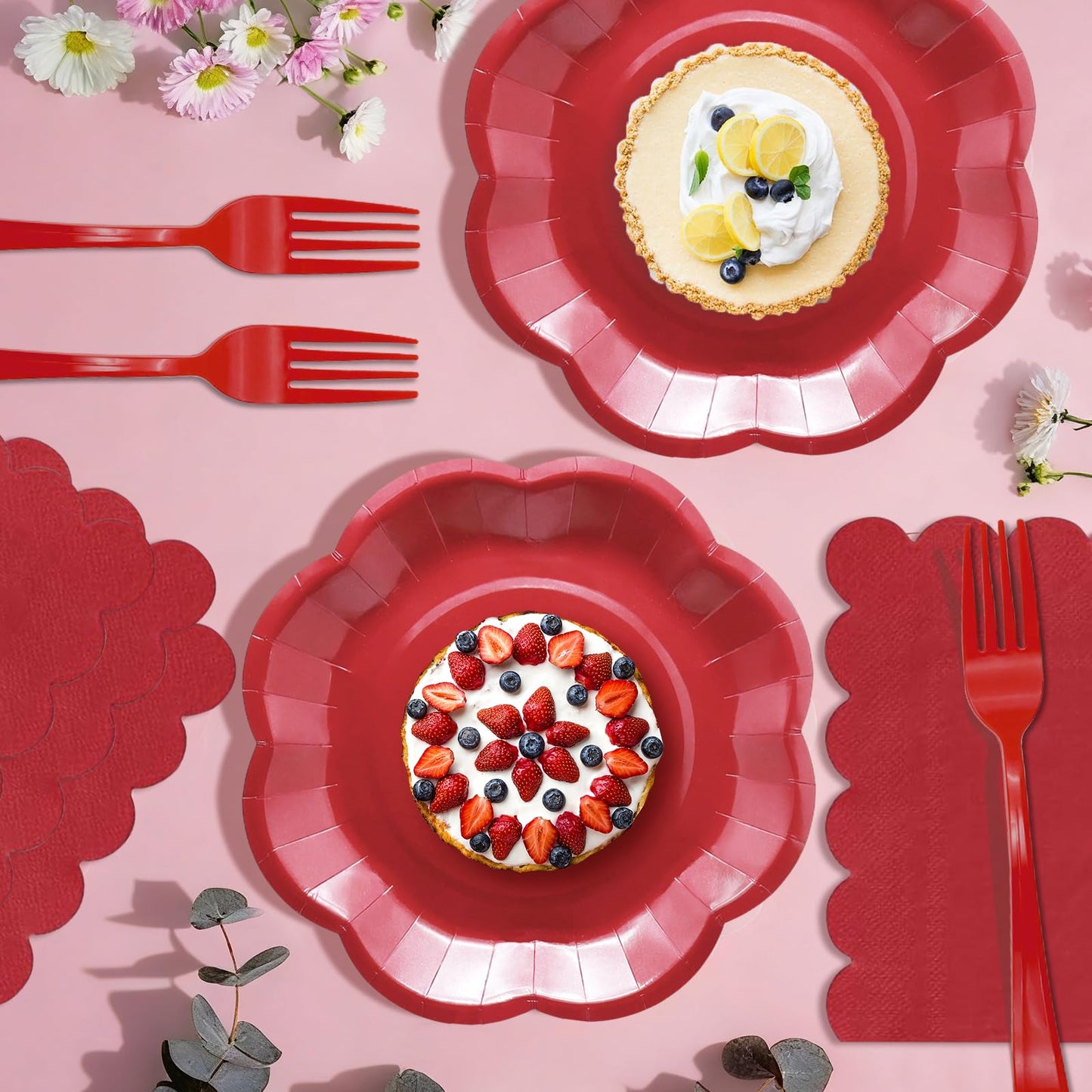Red Plates Party Supplies,9 inch Red Paper Plates Disposable Scalloped for Birthday Cake Plate Baby Shower Dinner Wedding Dessert Valentines Day Party BST220