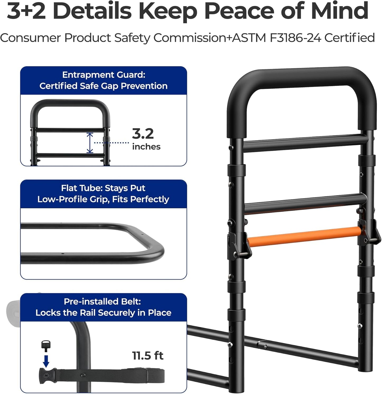 C1 Fold Bed Rails for Elderly Adults Safety - Foldable Bed Assist Rail with Adjustable Height, Tool-Free Folding, Sturdy up to 350 Lbs, Bed Cane Fits King Queen Twin Beds