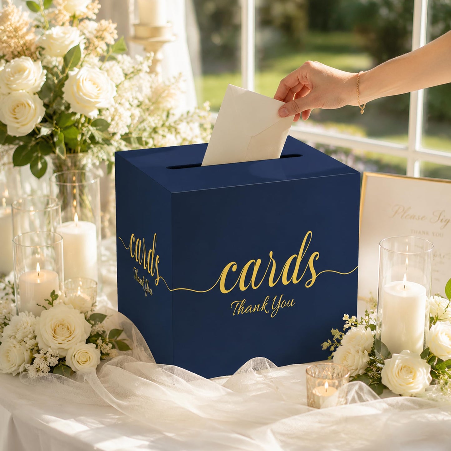 1 Pack White and Gold Wedding Card Box for Party Graduation Bridal Baby Shower Retirement Decorations Cardboard Birthday Card Holder Raffle Ballot Voting Box with Slot 7.8 x 7.8 x 7.8 In BST220