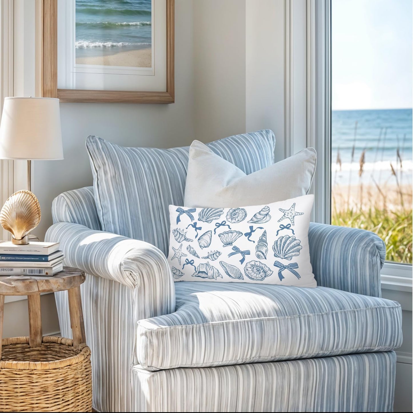 Coastal Beach Girly Room Decor 12x20 Pillow Cover, Preppy Beach Navy Blue Bikini Striped Decorative Lumbar Pillow Covers for Girls Bedroom College Dorm Sofa Couch BST326L