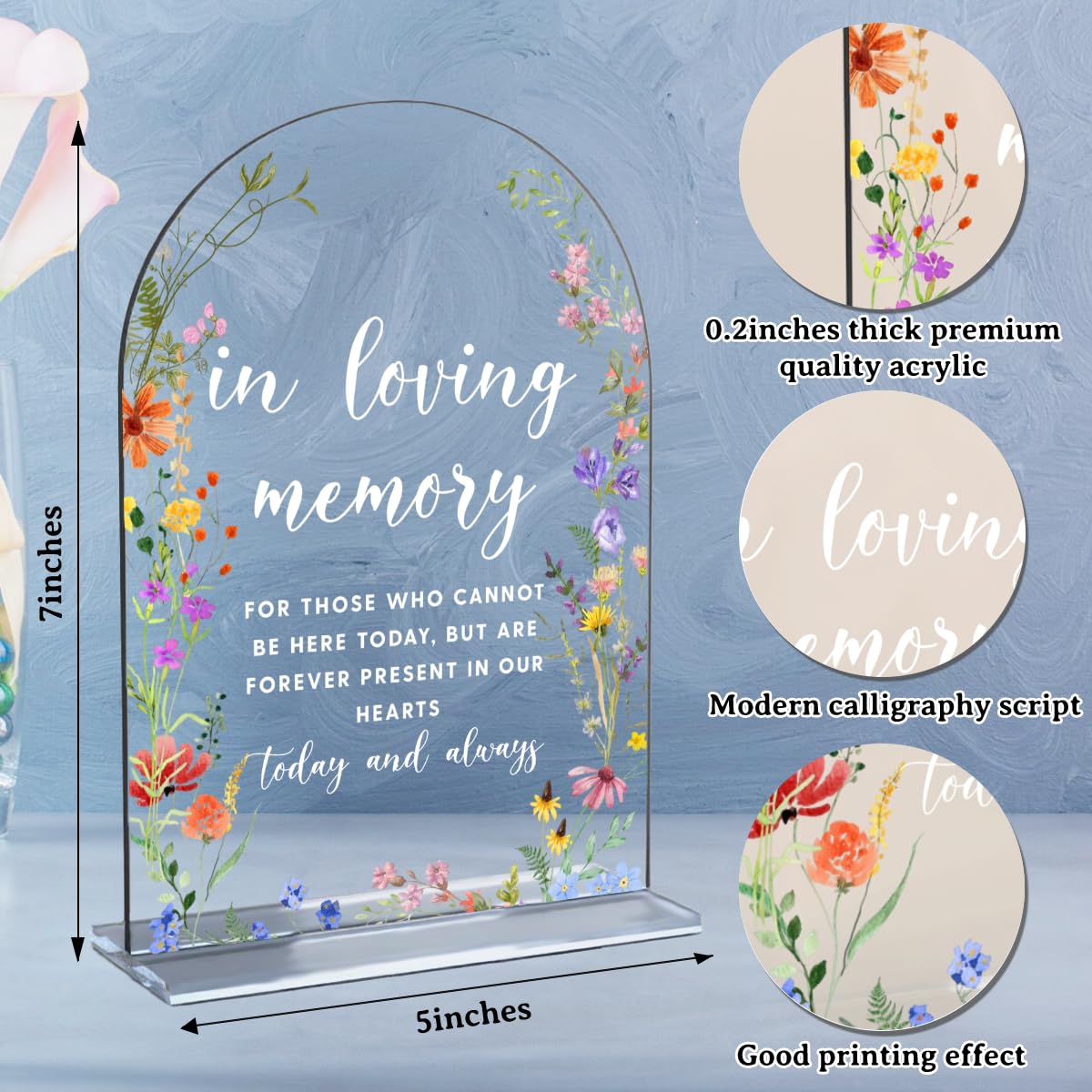 Acrylic Wedding Signs, Pick A Card Signs for Marriage Reception, Bridal Shower Decorations, Modern Arched Round Top Acrylic Table Top Sign with Holder for Wedding Party Dinner (Clear Wildflowers) BST326L