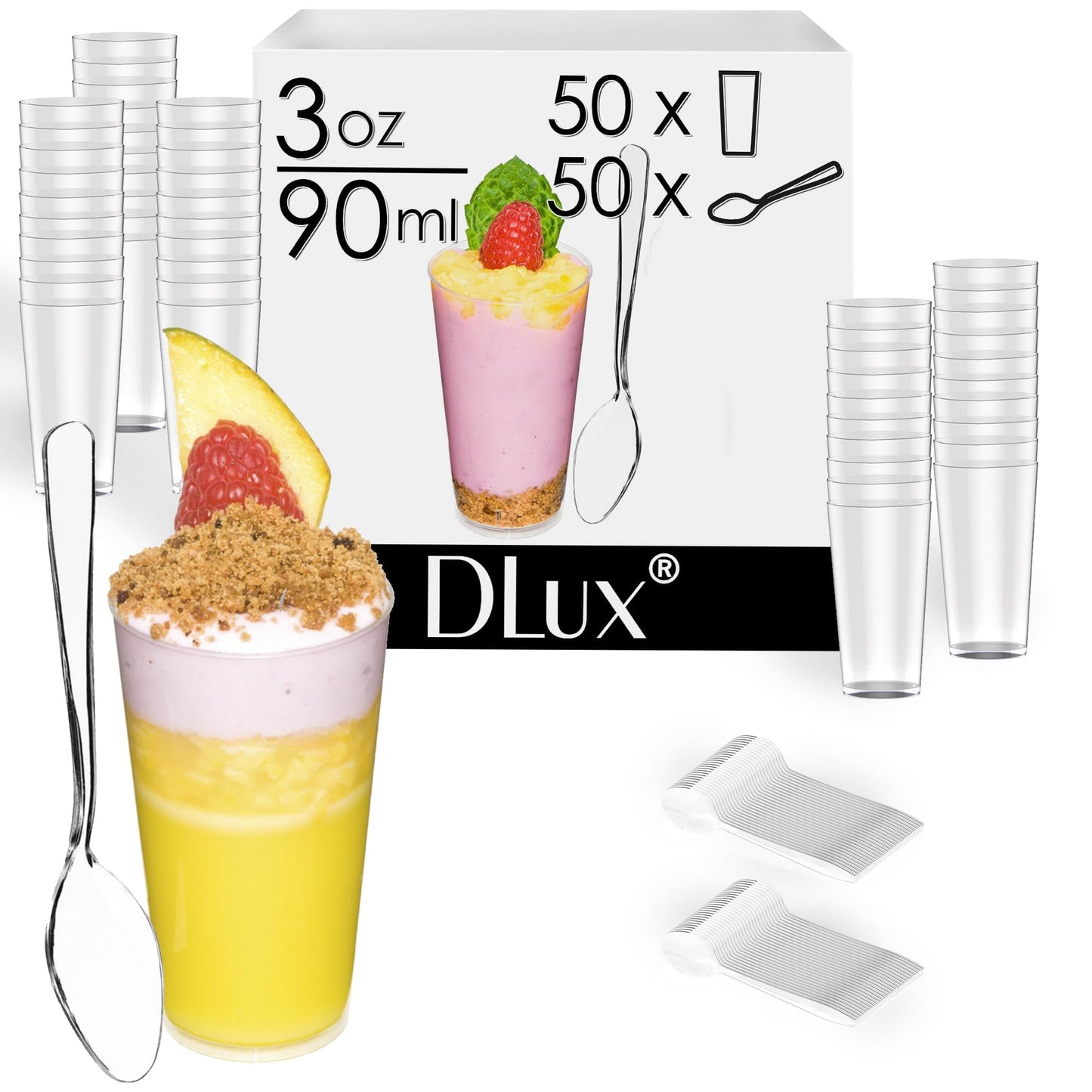DLux 100 x 3 oz Mini Dessert Cups with Spoons, Shooter - Clear Plastic Parfait Appetizer Cup - Small Reusable Shooter Glass for Tasting Party Shooters Desserts Appetizers - With Recipe Ebook BST220